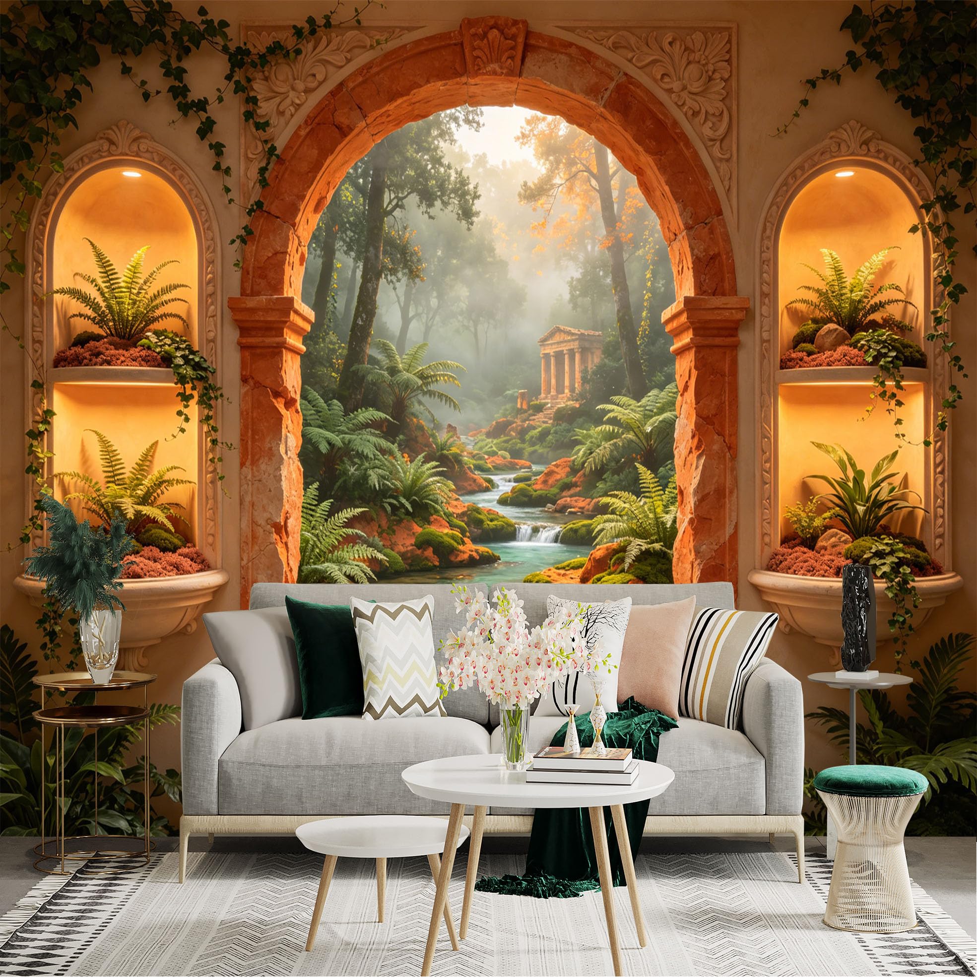 Lnzczhyre Dbh260521647 Custom Size Wall Sticker Mural， Ancient Stone Archway， Lush Misty Forest， Serene Stream， Botanical Alcoves， For Wall Decoration， Peelandstick Wall Decals.