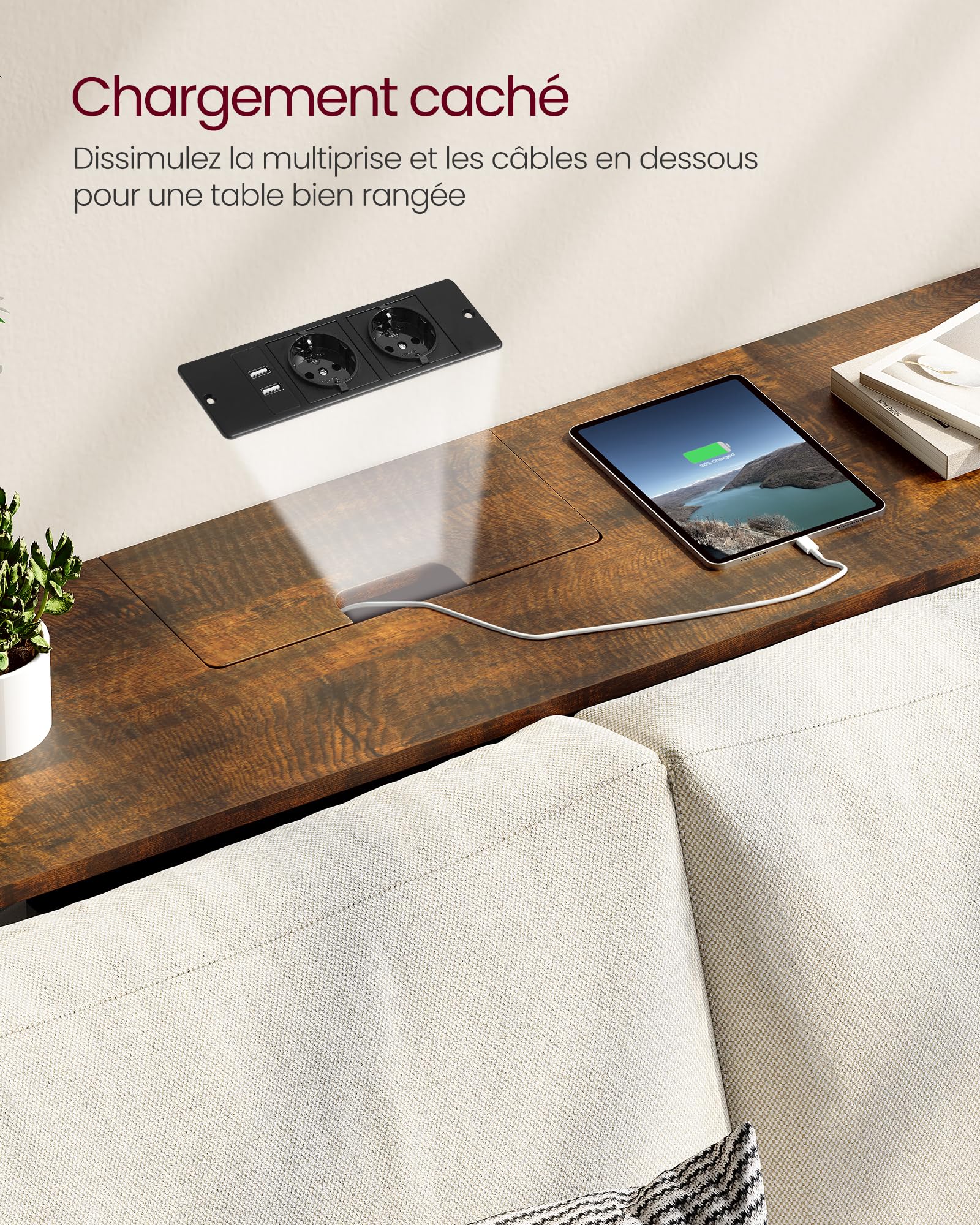 VASAGLE Table Console Fine avec Multiprise, Table de Canapé avec 2 Compartiments, Chargement Caché, Gain de Place, 25 x 120 x 81 cm, pour Entrée, Salon, Marron Rustique et Noir d’Encre LNT111K01