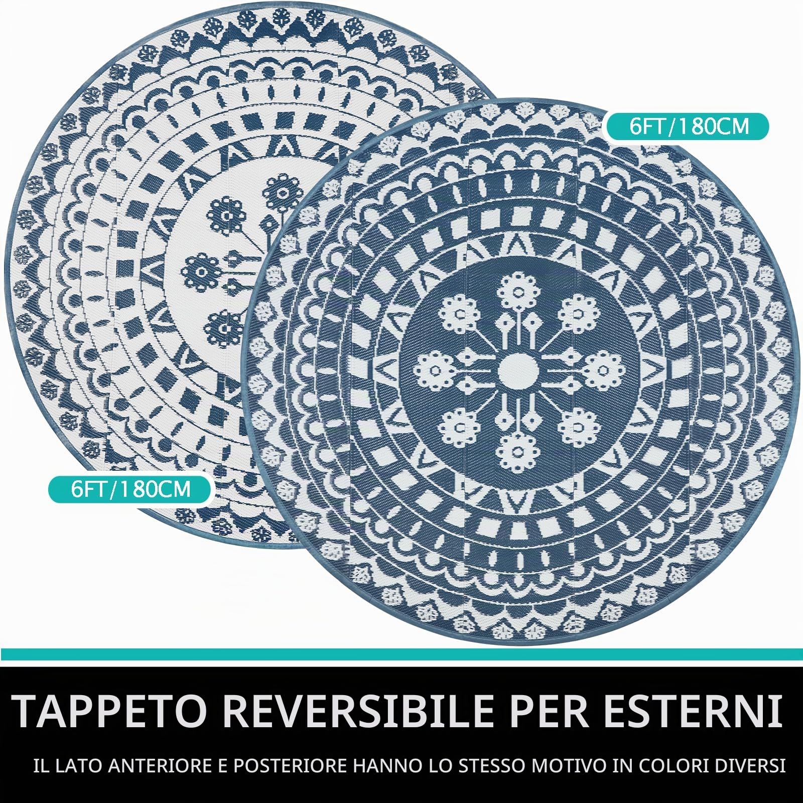 Capslpad Tappeto rotondo per esterni, 180 cm, resistente alle intemperie, in plastica, per picnic, campeggio, giardino, terrazza, spiaggia, camper, colore blu