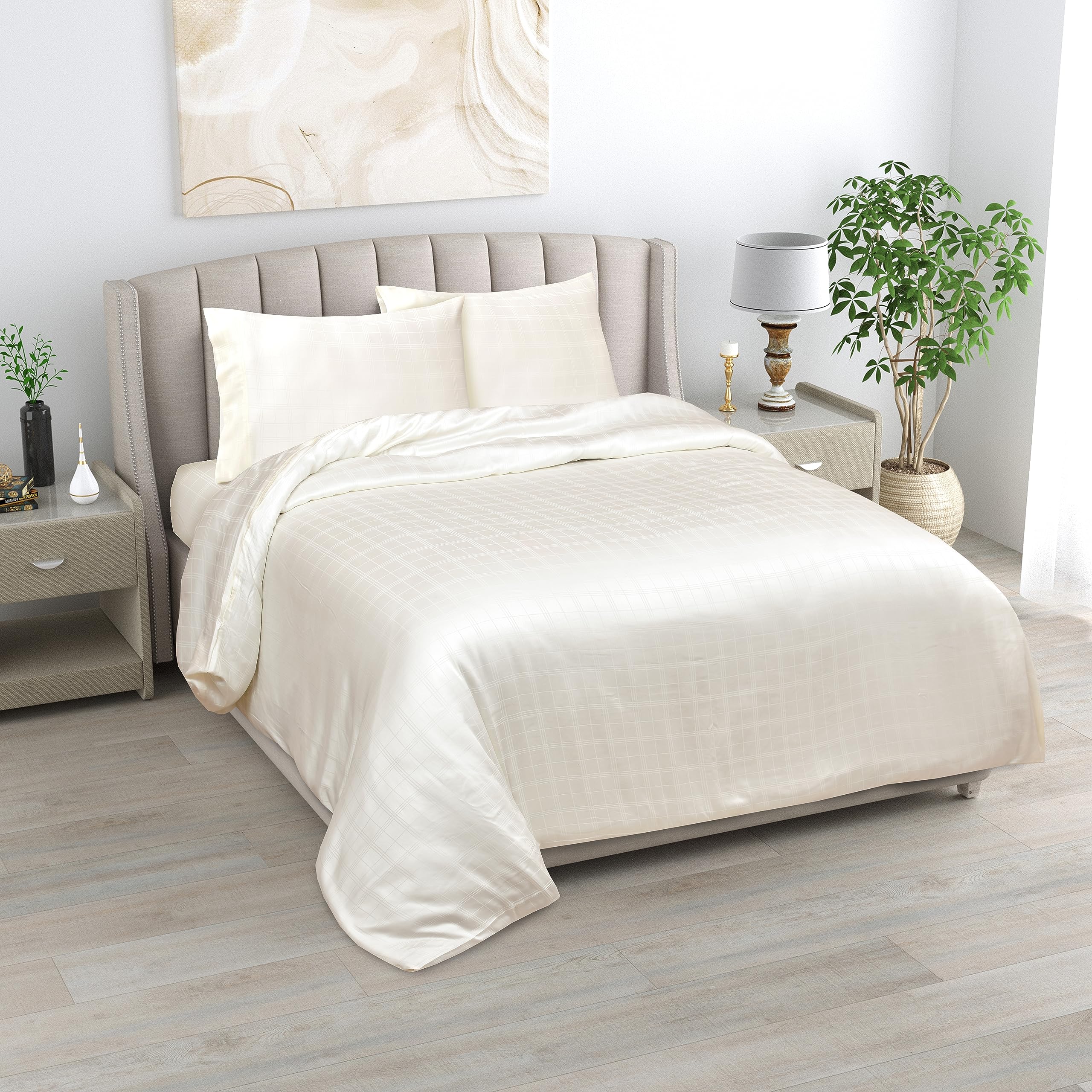 LINENWALAS Double Duvet Cover Set- 100% Organic Bamboo Silk Designer Checks 3 Piece Duvet Cover, 200x200 cm Comforter Cover, Soft, Cooling Duvet Cover with Zipper Closure (Ivory/Off-White) โ image 1