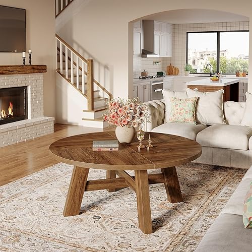 Miniatura 4 de Tribesigns Mesa auxiliar redonda, mesas de centro redondas modernas de mediados de siglo con soporte cruzado reforzado, mesa central baja de madera