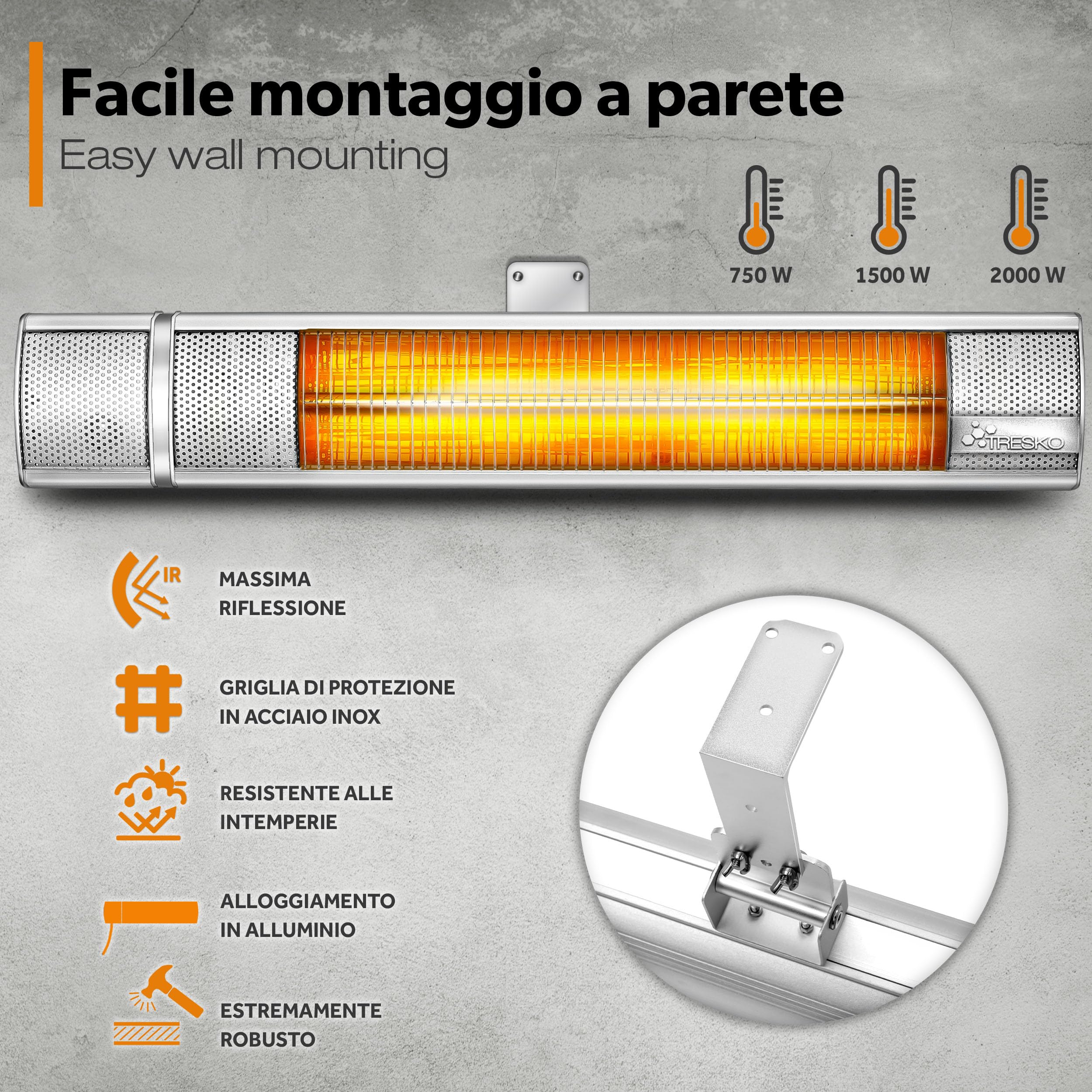 TRESKO Stufa a Infrarossi 2000W Telecomando 3 Livelli Calore Riscaldatore Patio Interno Esterno Parete Quarzo Argento