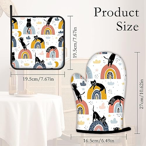 Miniatura 4 de Guantes de horno y soportes para ollas con diseño de gato negro y arcoíris, juego de 2 piezas de almohadillas resistentes al calor para hornear,