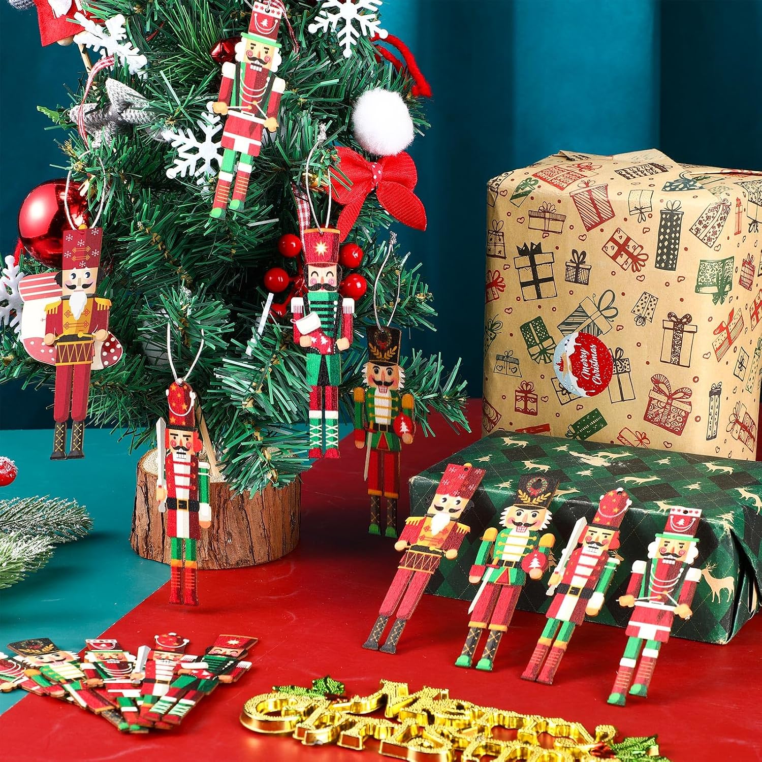 96 Pcs Christmas Nutcracker Ornament Set - Small Wooden Soldier Hanging Decoration, King Holiday Figures Tree Ornament With Ropes for Xmas Party Decor