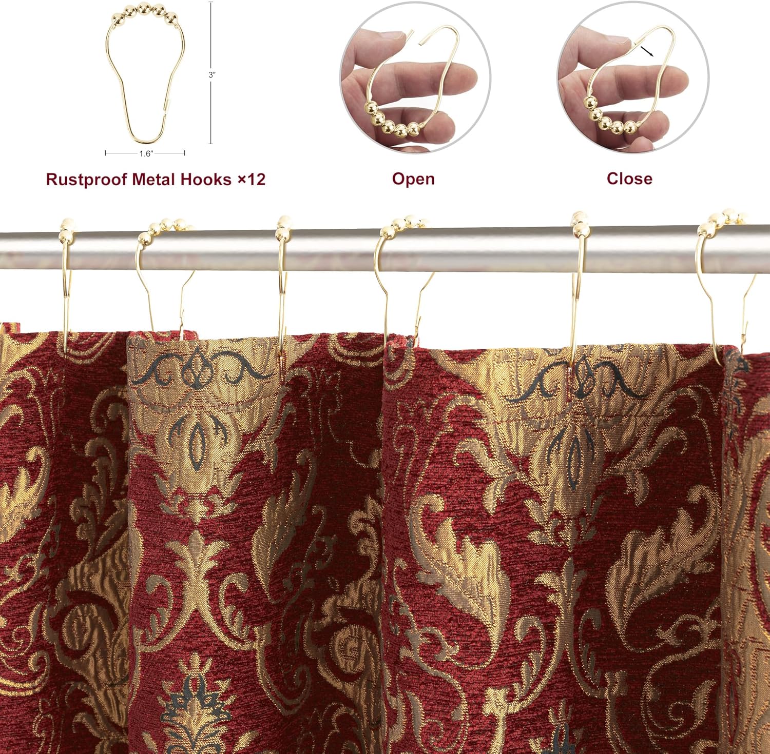 Loom and Mill Textured Fabric Shower Curtain Set with 12 Metal Hooks, Red Damask Bathroom Shower Curtain Sets Classic Medallion Design, Waterproof Heavyweight Shower Curtain for Home Bathroom(72x72)