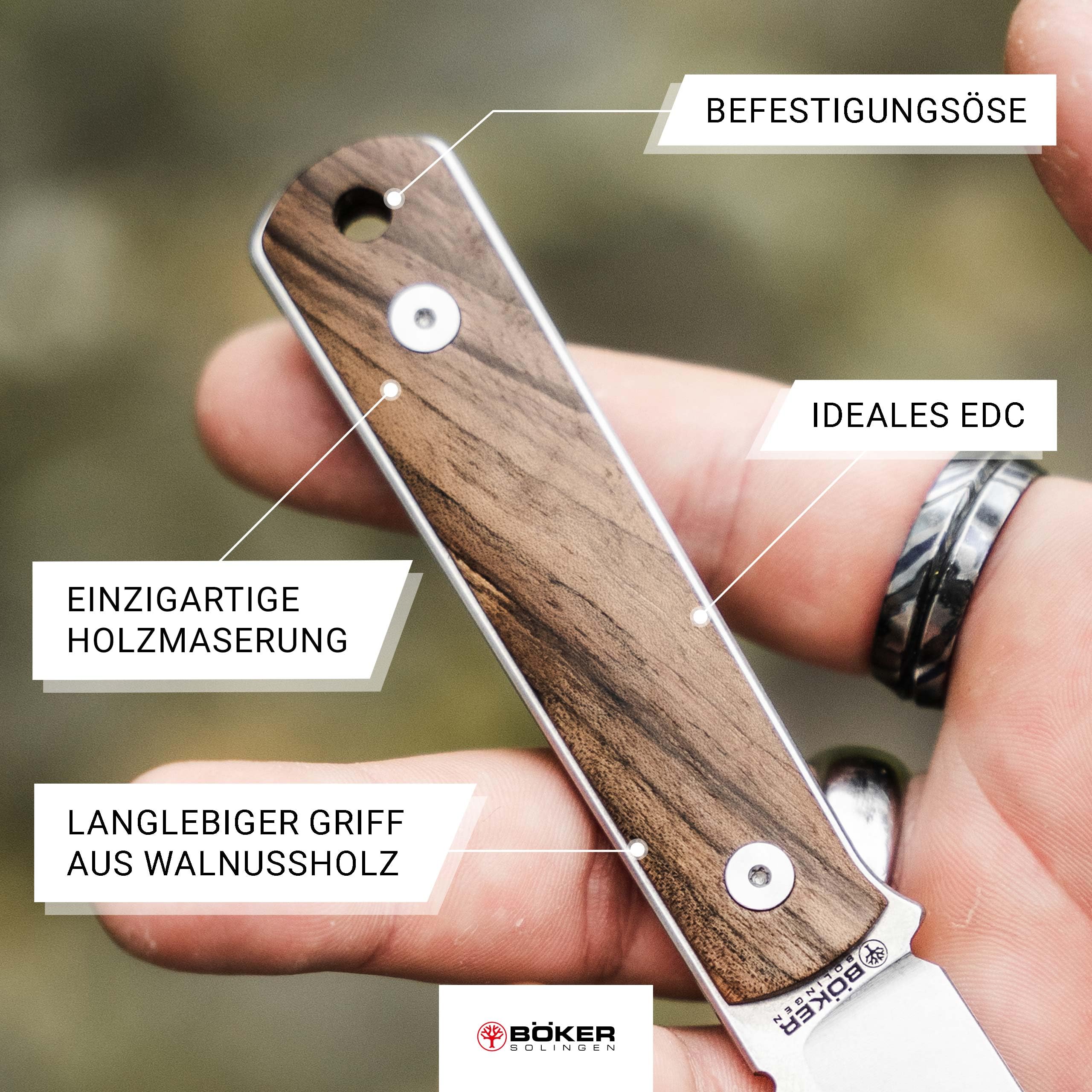 Böker SOLINGEN® BFF Packlite Walnuss – EDC Neck Knife mit feststehender 6,5 cm Klinge – Skelett-Messer extra leicht mit Holz-Griff - Halsmesser handgemacht mit Kydex-Scheide – Made in Germany