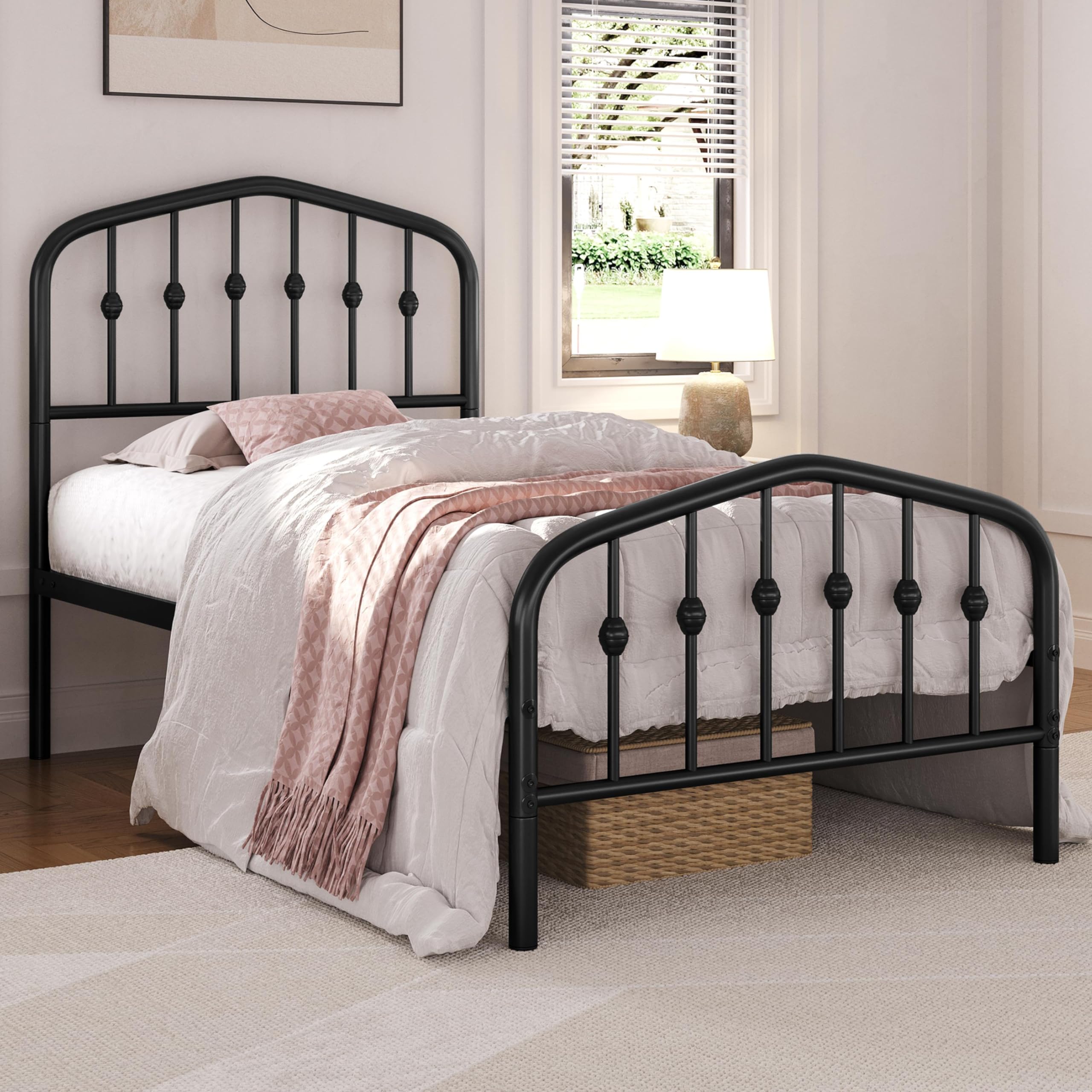 Yaheetech Bettrahmen 90 x 200 cm, Vintage Metallbett mit kronenförmigem Kopfteil, Stabiles Bettgestell Einzelbett aus Metall, Robust & Leichte Montage Gästebett Jugendbett Tagesbett, Schwarz