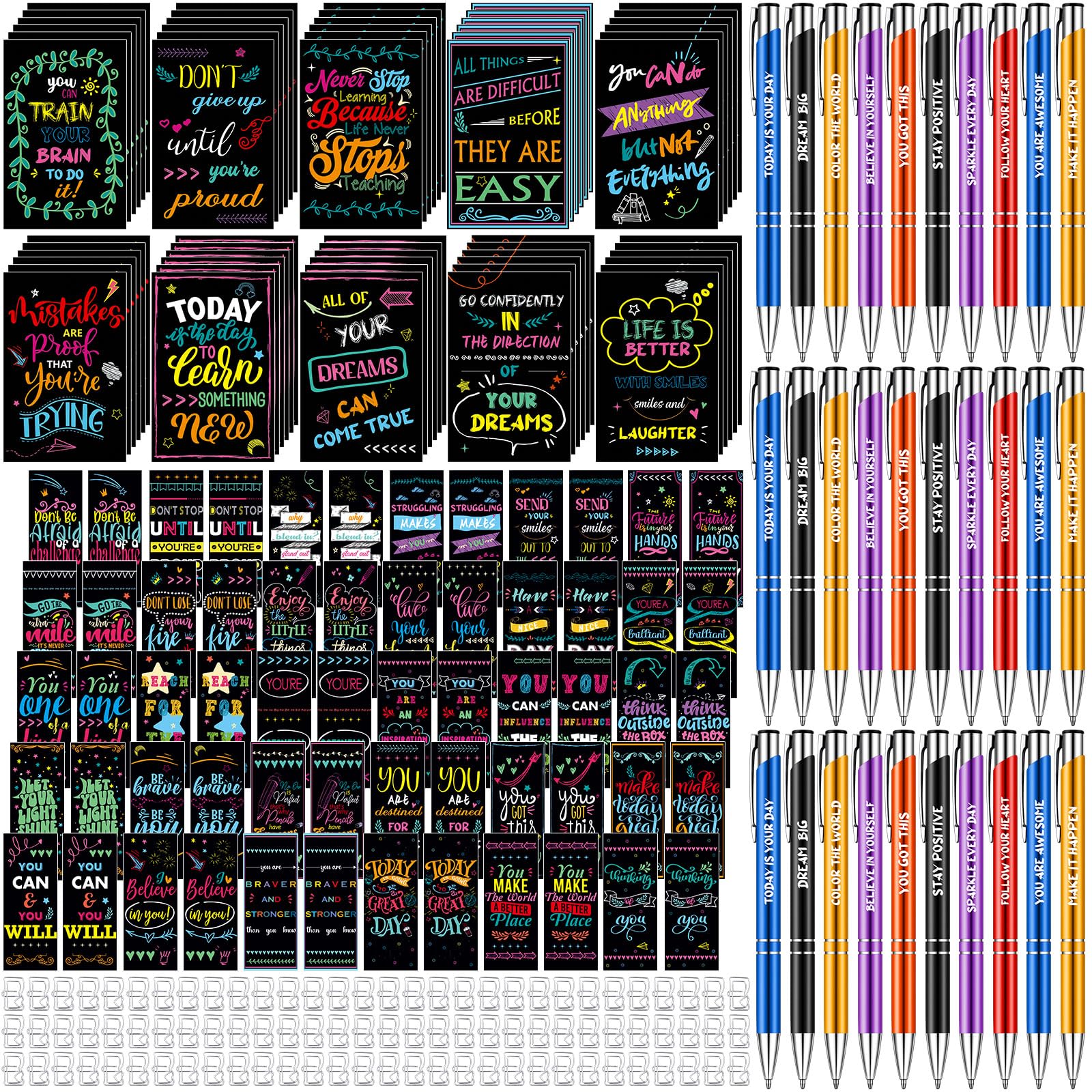 Zhanmai 210 Pcs Small Inspirational Notebooks Set Bulk 60 Pocket Notebook 60 Bookmarks 60 Paperclips 30 Inspirational Pens Inspirational Gifts for Students School Office Gift Supplies