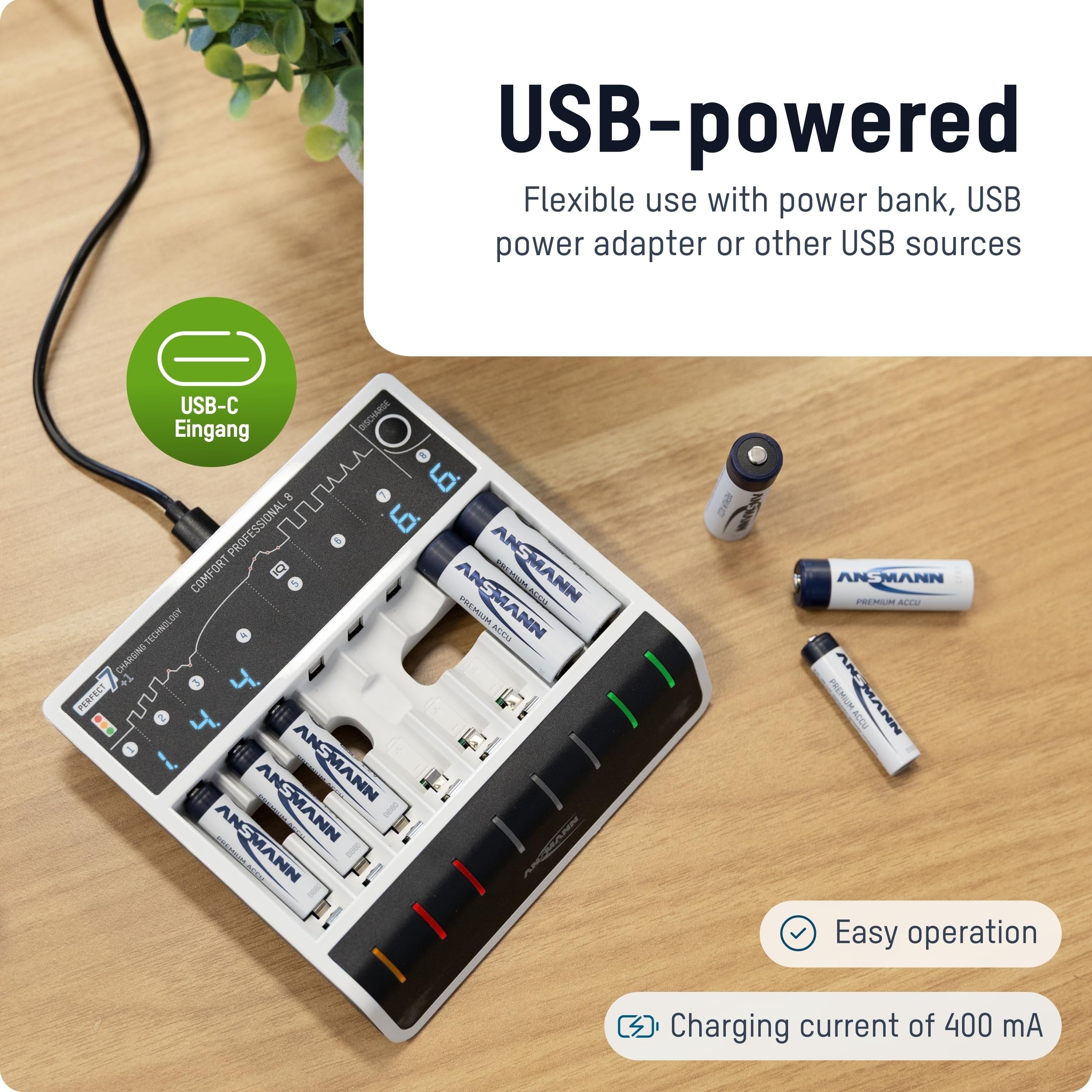 ANSMANN Cargador rápido con Entrada USB para 1 a 8 baterías NiMH de tamaños Micro AAA y Mignon AA, Comfort Professional 8