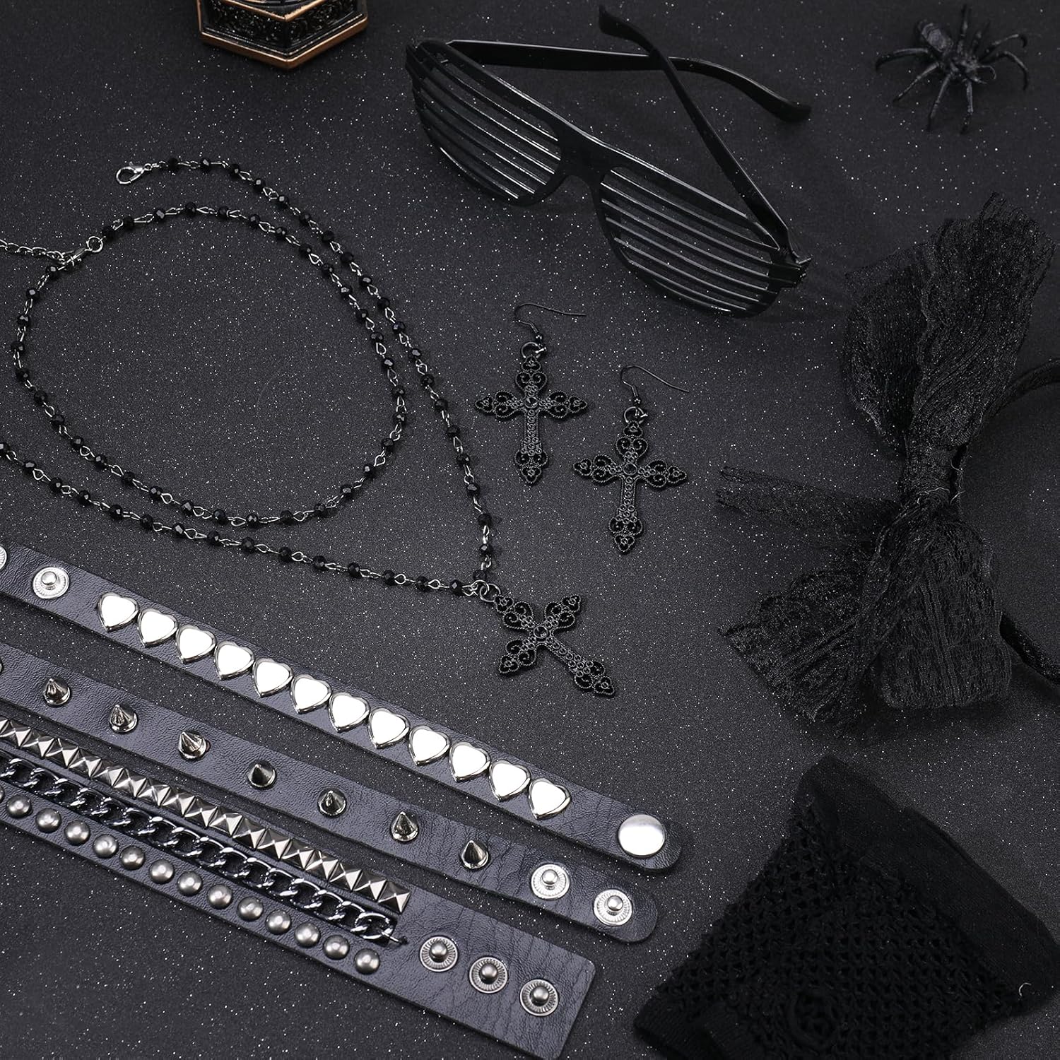 9 Pcs 80s Accessories for Women Leather Punk Bracelets Cross Necklace Earrings Headband Fishnet Glove Shutter Glasses for Halloween Cosplay Costume - Image 4