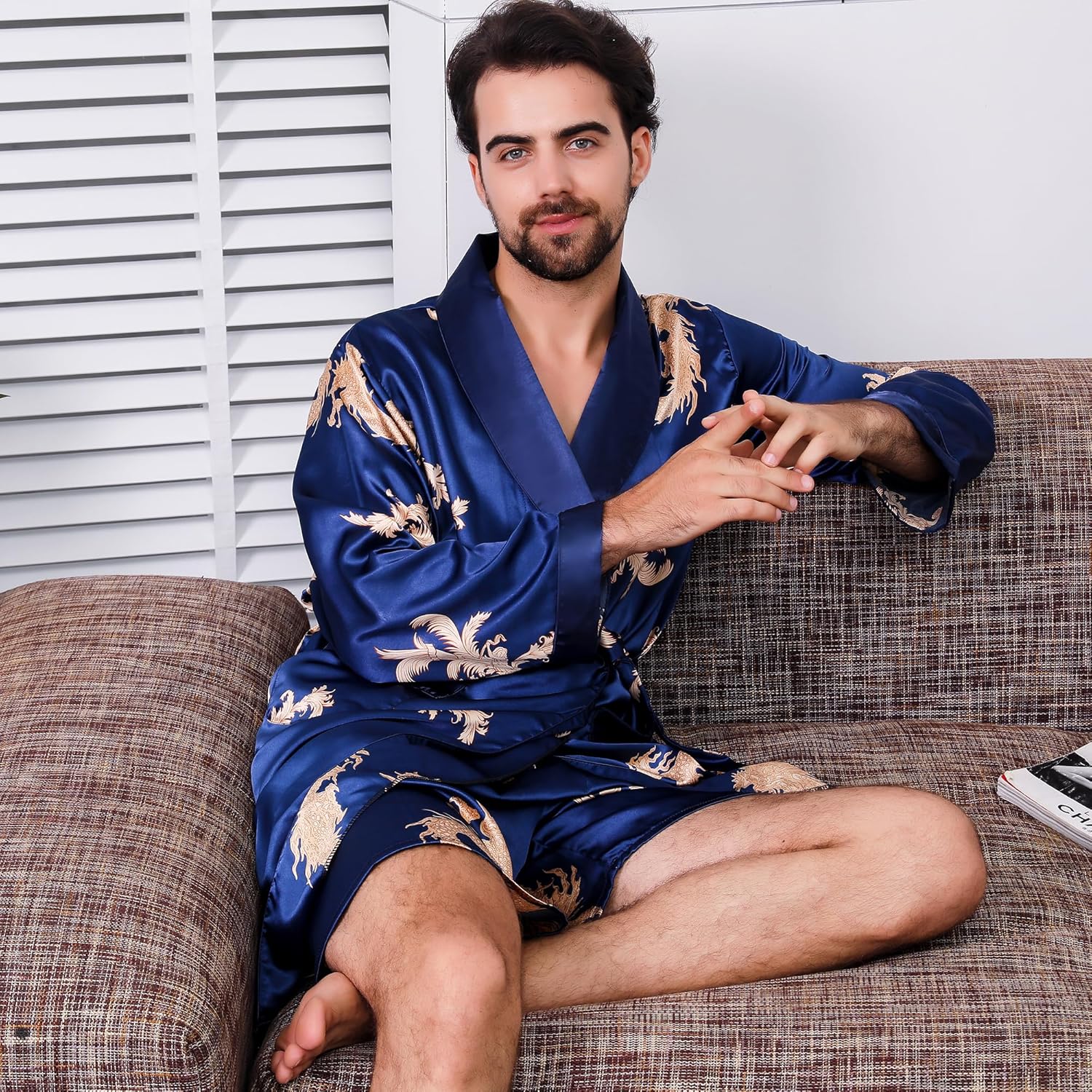 Haseil Men's Satin Robe Dragon Luxurious Silk Spa Long Sleeve House Kimono Bathrobe - Image 7