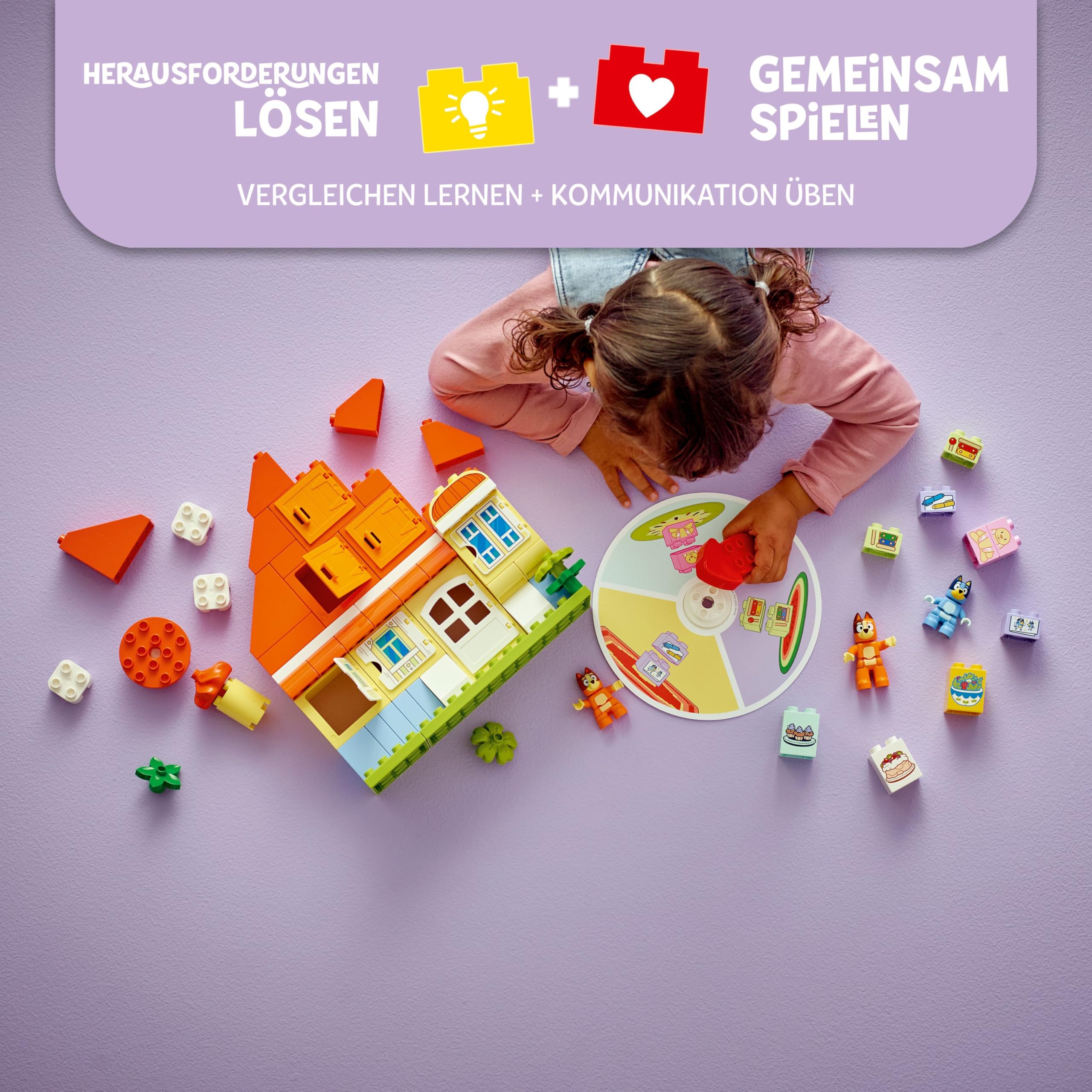 LEGO DUPLO Bluey: Blueys Familienhaus mit Memory-Spiel - Lernspielzeug für Kleinkinder - Inkl. 3 Minifiguren, aufklappbare Fenster und Brettspiel - Geschenk für Jungen & Mädchen ab 3 Jahren - 10459
