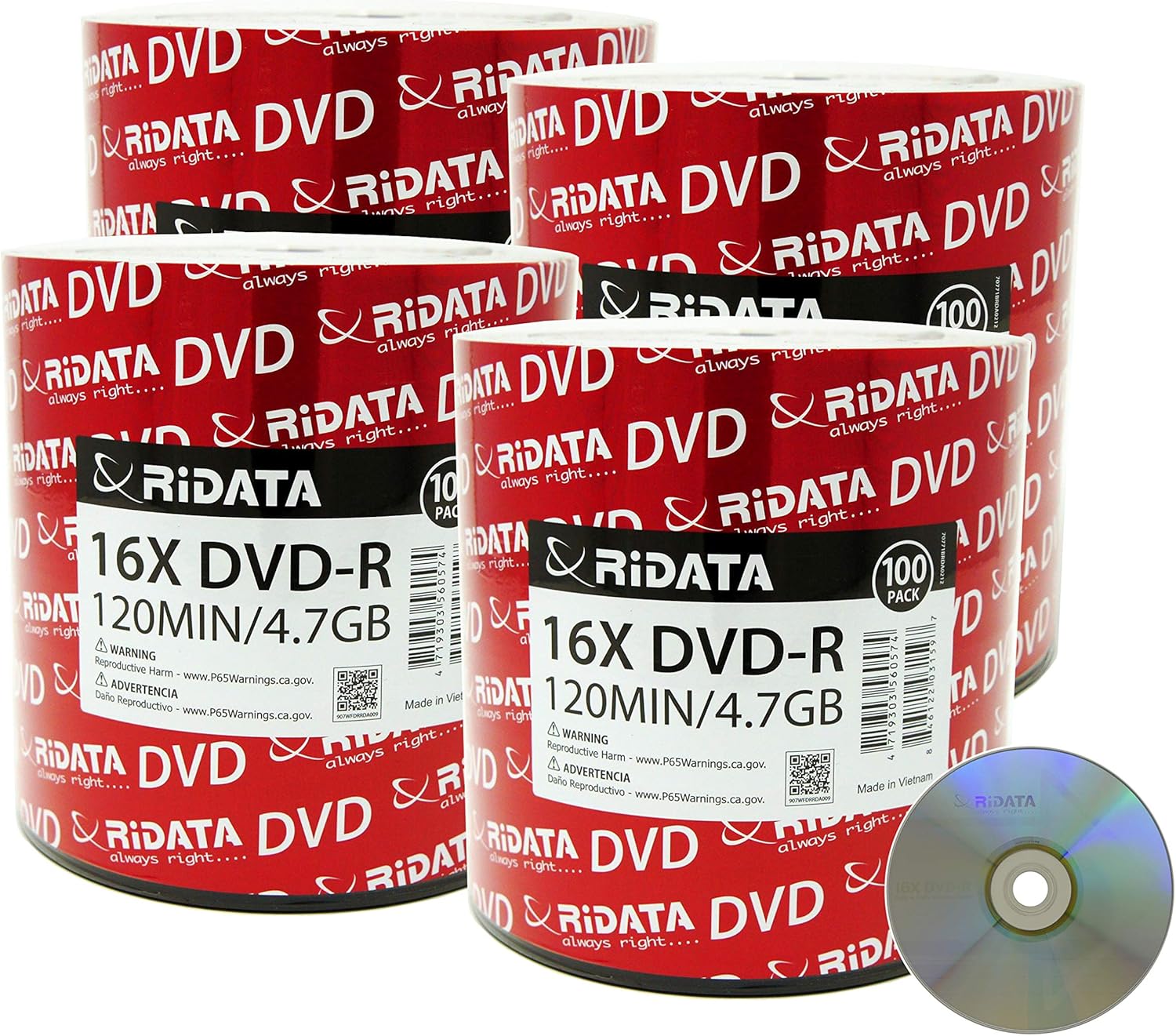 400 Pack Ridata DVD-R 16X 4.7GB 120 Min Silver Logo Top Blank Data Video Media Recordable Disc