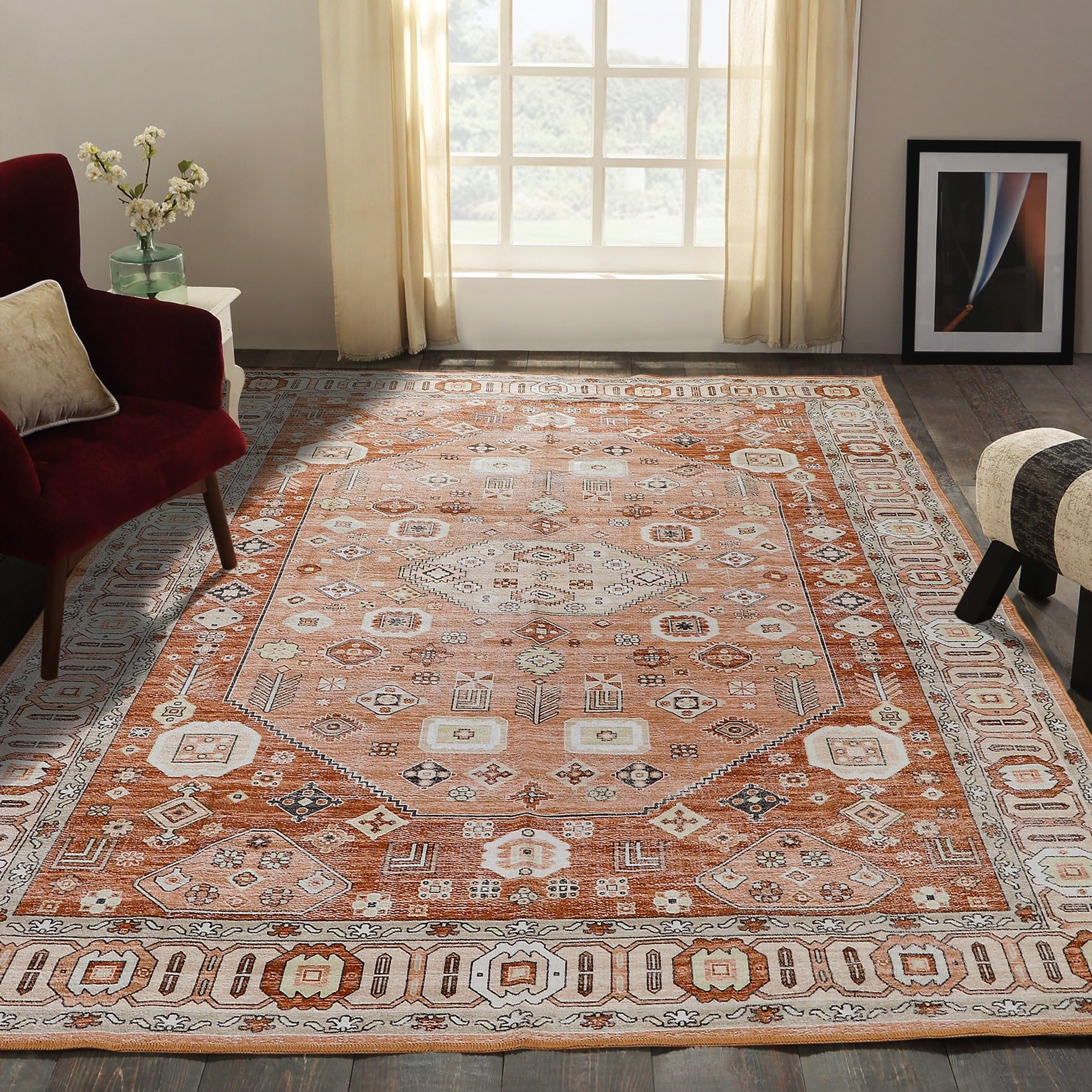 Kaspene Home - Machine Washable Thin Area Rug - Oriental Vintage Rust Red 8x10 Area Rugs for Dining Room, Bedroom, and Living Room - Stain and Water-Resistant - Non-Slip - Pet and Kid Friendly
