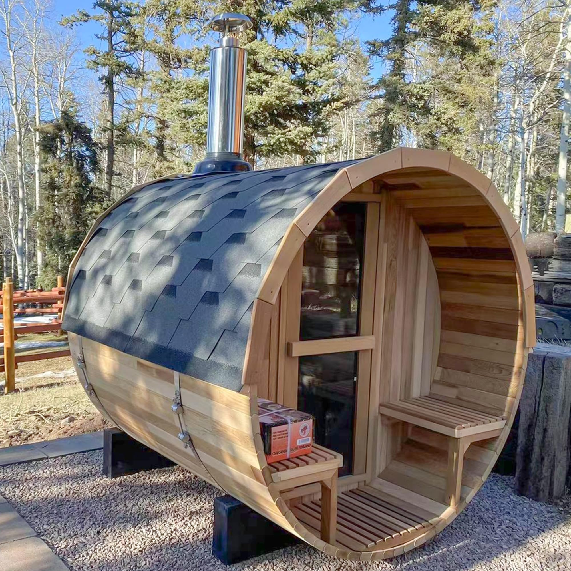 Customize Outdoor Barrel Sauna Rooms with Porch,4-8 Person Wooden Steam Saunas with Electric Stove,Wood Burning Stove Tempered Glass Sauna Kits