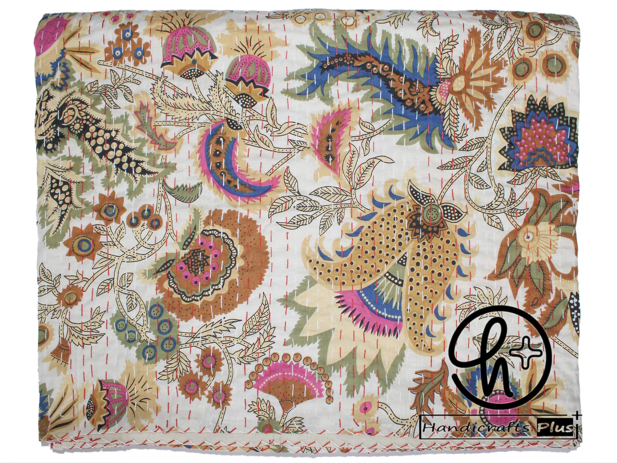 Handicrafts Plus 100% Cotton Kantha Quilt Indian Handmade Sewing Bedding Blanket Mukut Design White Color King/Queen, Single/Twin Size Bedspread Gudari (Single/Twin (60 X 90))