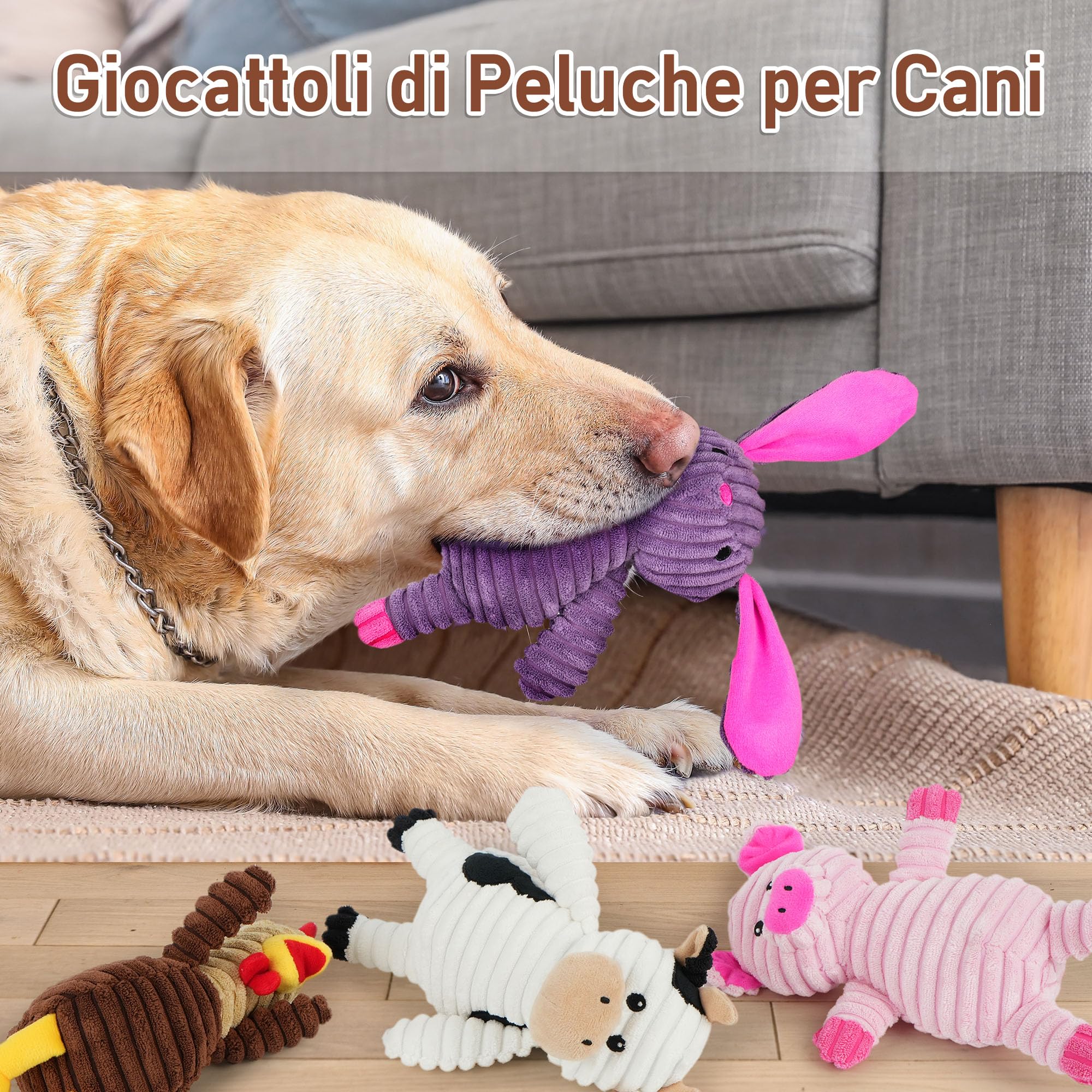 PrimePets Peluche per Cani, 5 Pezzi Giochi Cane con Squeak, Giocattoli per Cani, Peluche Cane, Giocattolo Interattivo (Animali Fattoria)