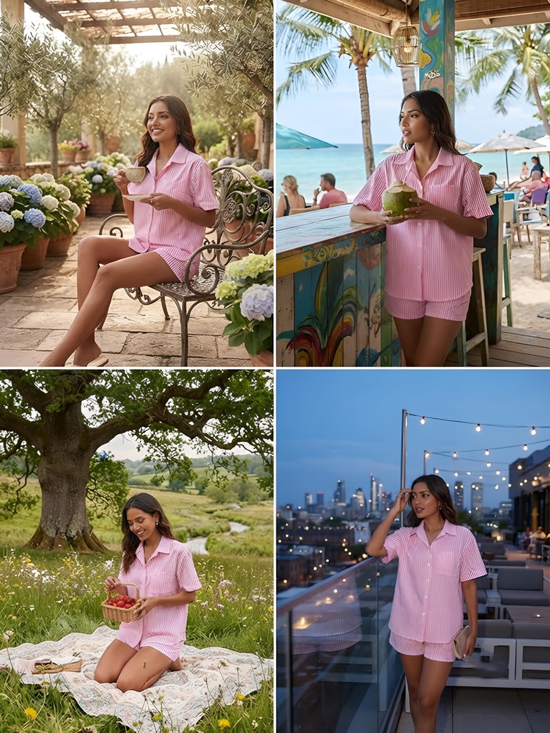 GRECIILOOKS Co-ord - Conjunto de pijama para mujer, elegante, con estampado texturizado, para viajes, playa y vacaciones, vestido de noche para mujer
