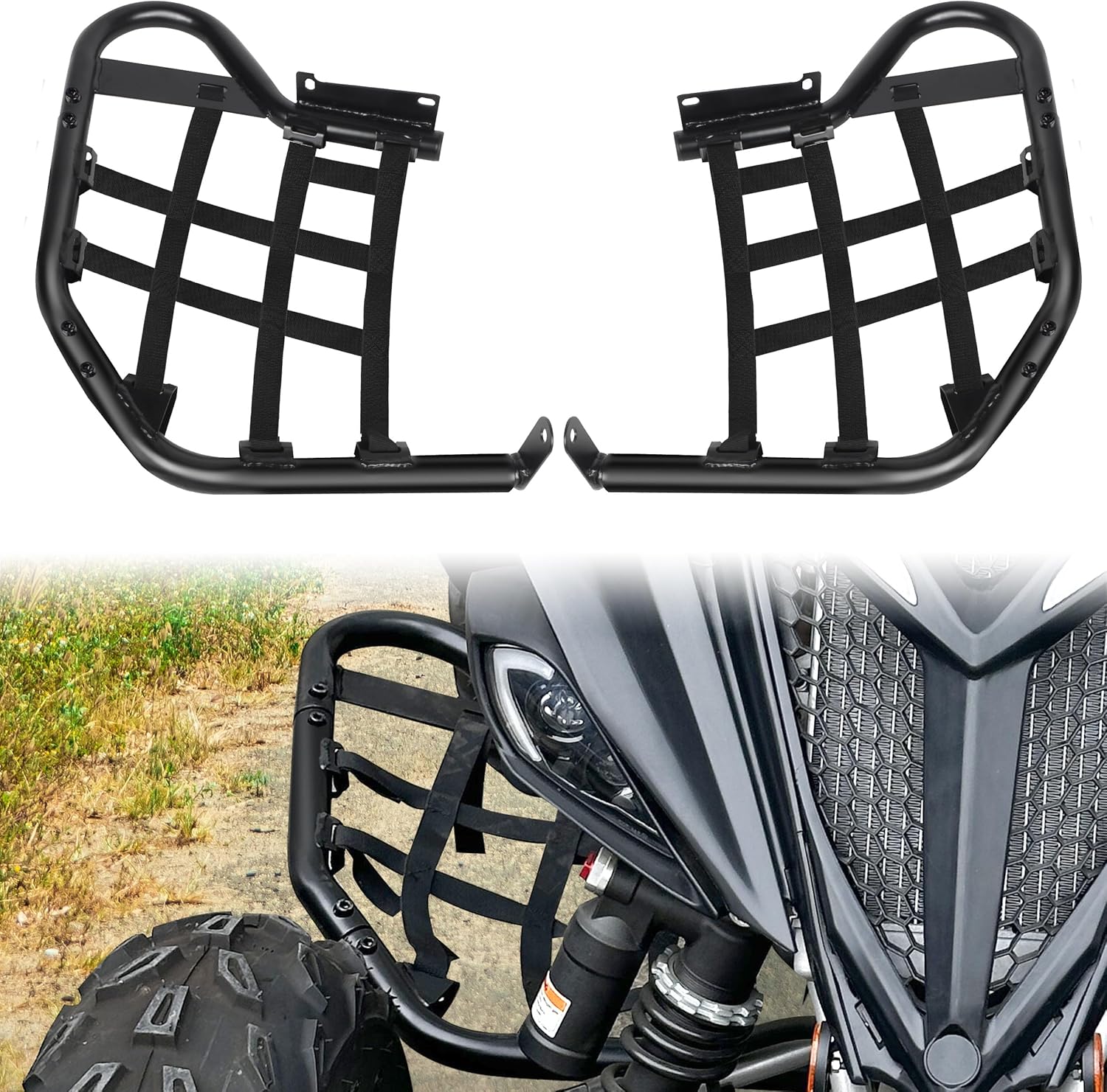Side Step Nerf Bars for Raptor 700/ 700R, Combined Foot Guard Pegs with Black Webbing Nets Compatible with Yamaha Raptor 700 700R 2006-2025 Accessories