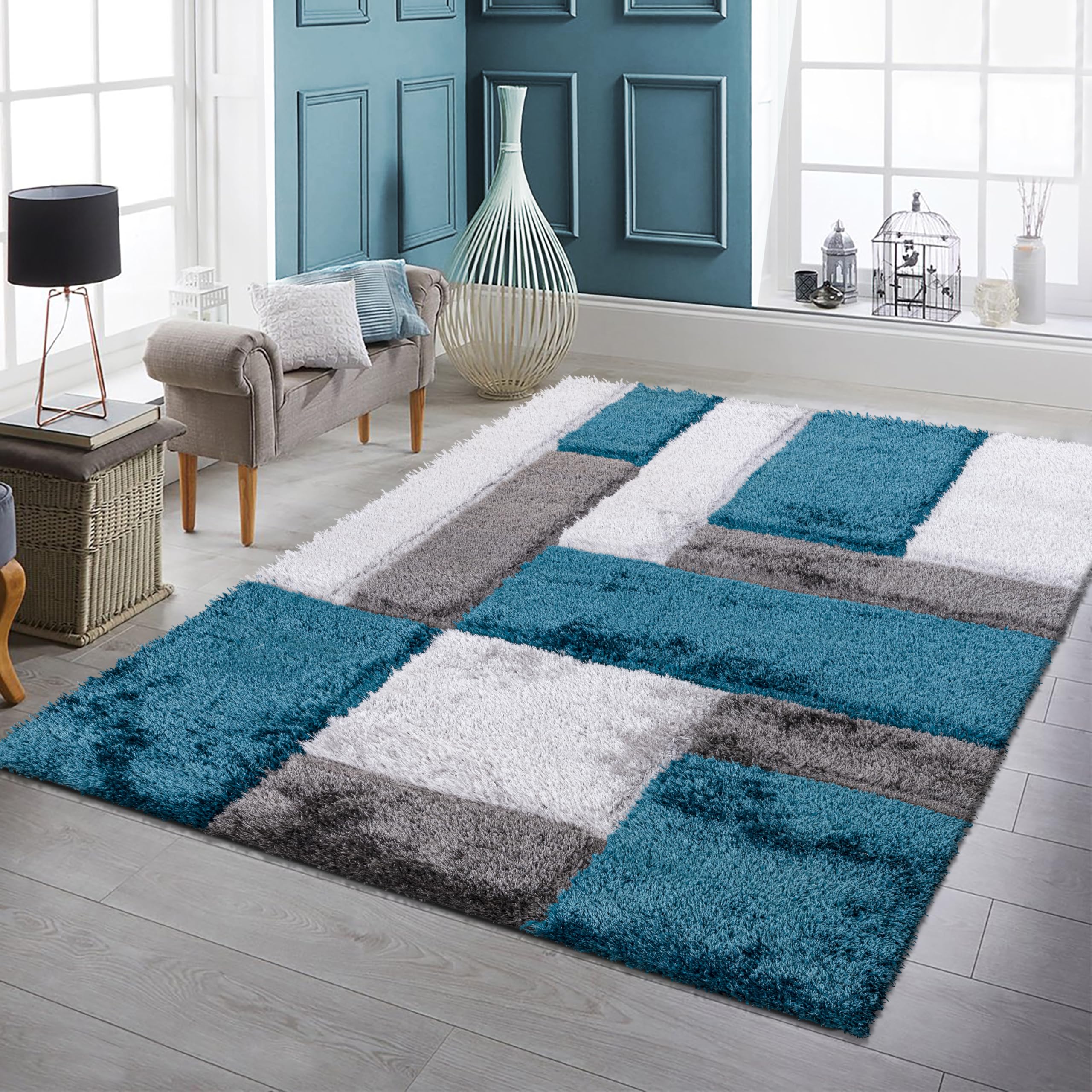3D Modern Shaggy Area Rug – Geometric Design Pattern – Soft Thick High Pile Carpet for Living Room, Bedroom, Floor Mats Small Door Mats (Emerald, 160 x 230 cm (5.25 x 7.55 ft))
