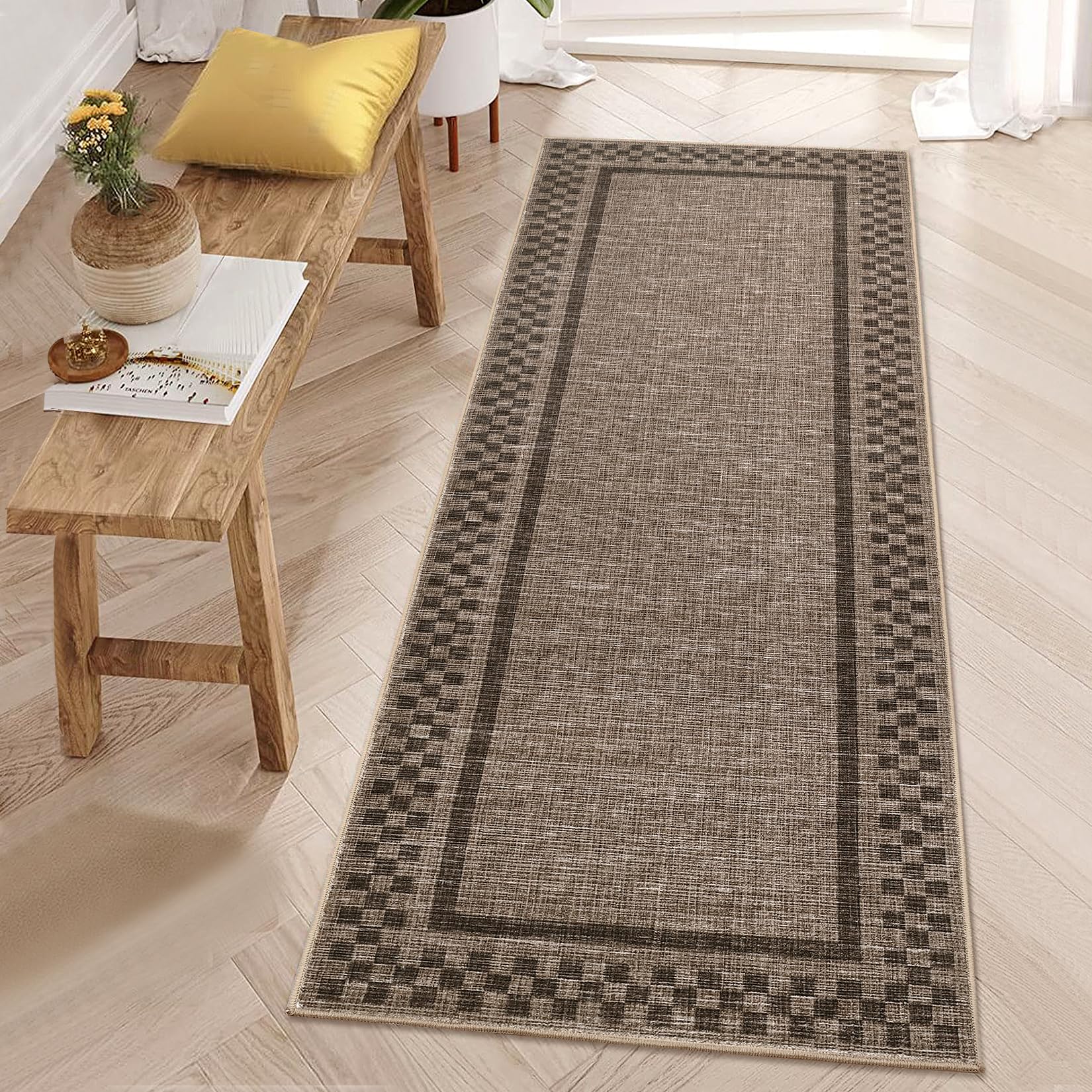 Washable Runner Rug 2x10 Modern Bordered Hallway Runner Rug Non Slip Kitchen Throw Carpet Checkered Bathroom Entryway Runner Rugs Low Pile Solid Area