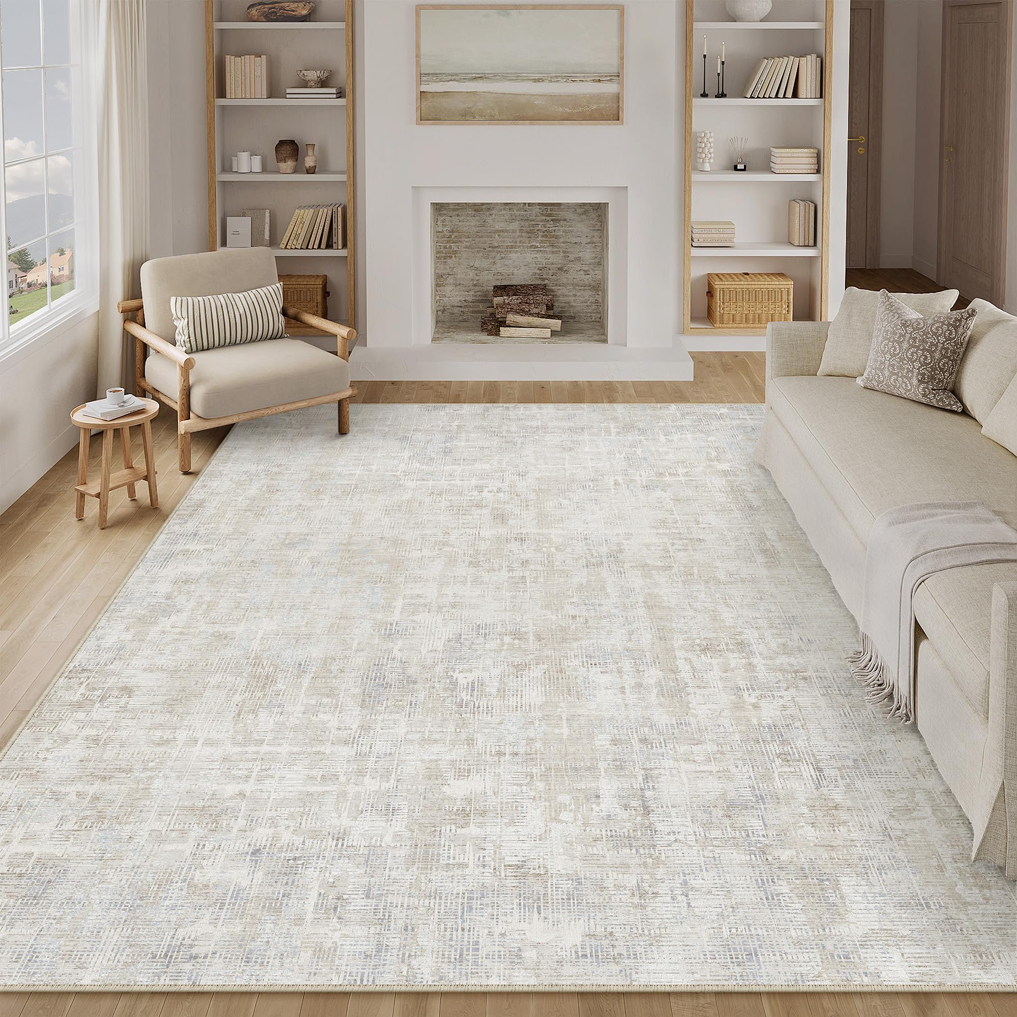 PureCozy Tappeto Salotto Tappeti 200x300cm Beige Lavabile in Lavatrice Antiscivolo Moderno Astratto Naturale Grande Carpet Cameretta Scendiletto Camera da Letto Ufficio Pelo Corto
