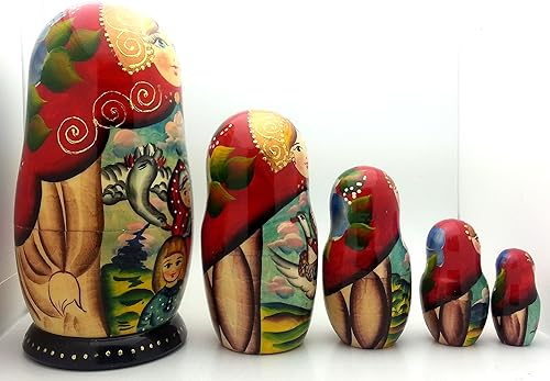 Miniatura 5 de Juego de 5 muñecas rusas talladas a mano pintadas a mano, juego de 5 piezas de cisne y gansos, juego de apilamiento de cuento de hadas de 7 pulgadas