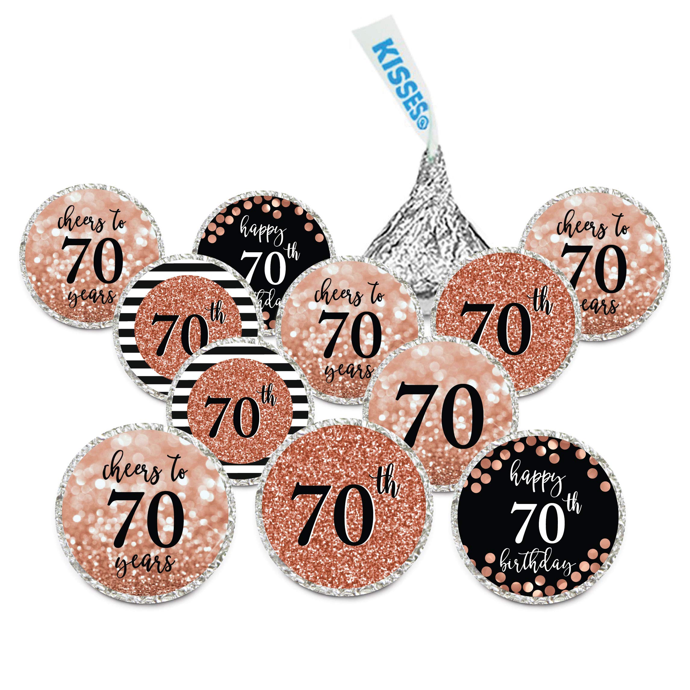 Andaz Press Glitzy Faux Rose Gold Glitter Milestone Chocolate Drop Labels, Cheers to 70 Years, 70th Birthday or Anniversary, 240-Pack, Not Real Glitter, Kisses Party Colored Decorations