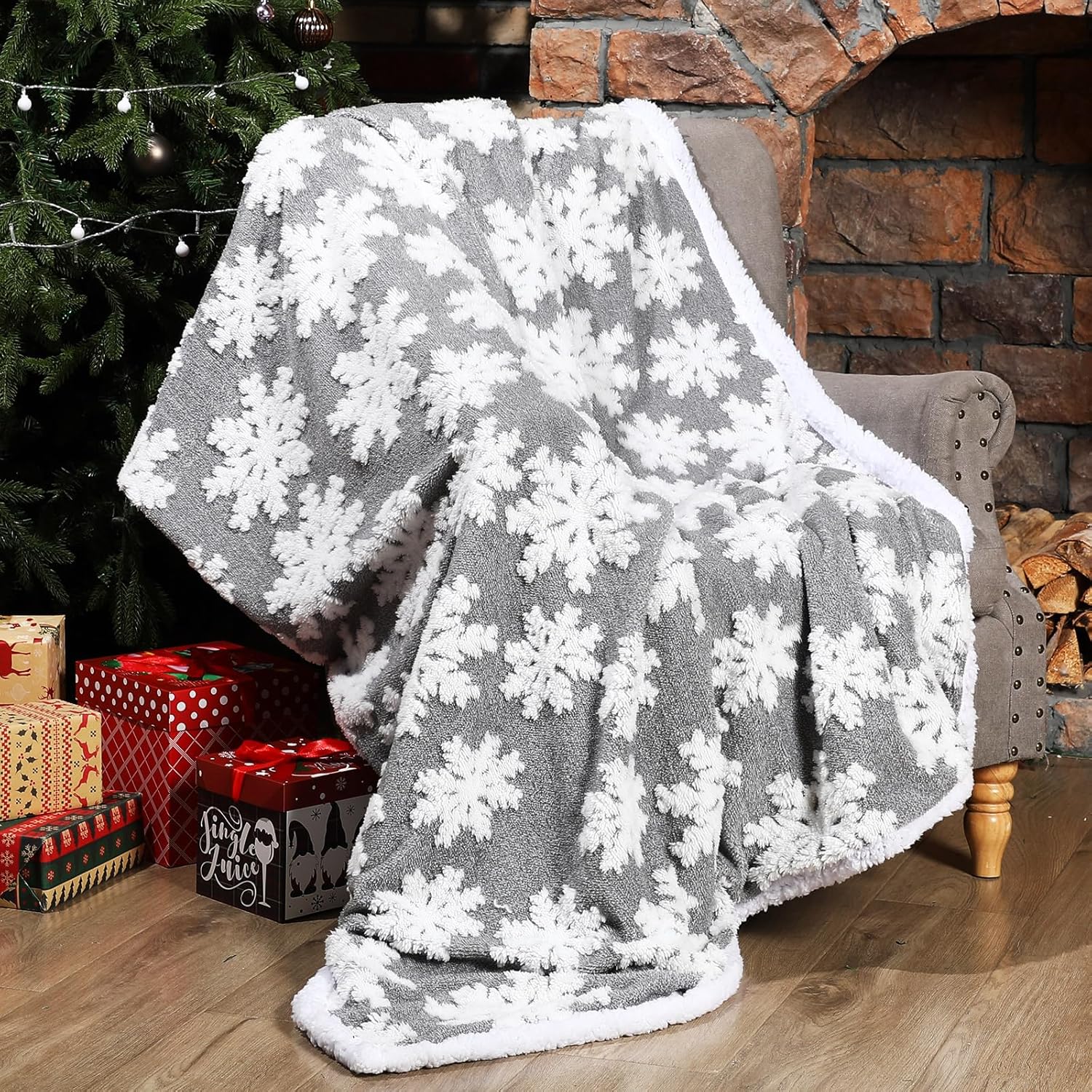 Snowflakes Sherpa Throw Blanket - 50x60 Inches Winter Christmas Warm Fuzzy Fluffy Cozy Soft Thick Plush Fleece for Bed Couch Sofa