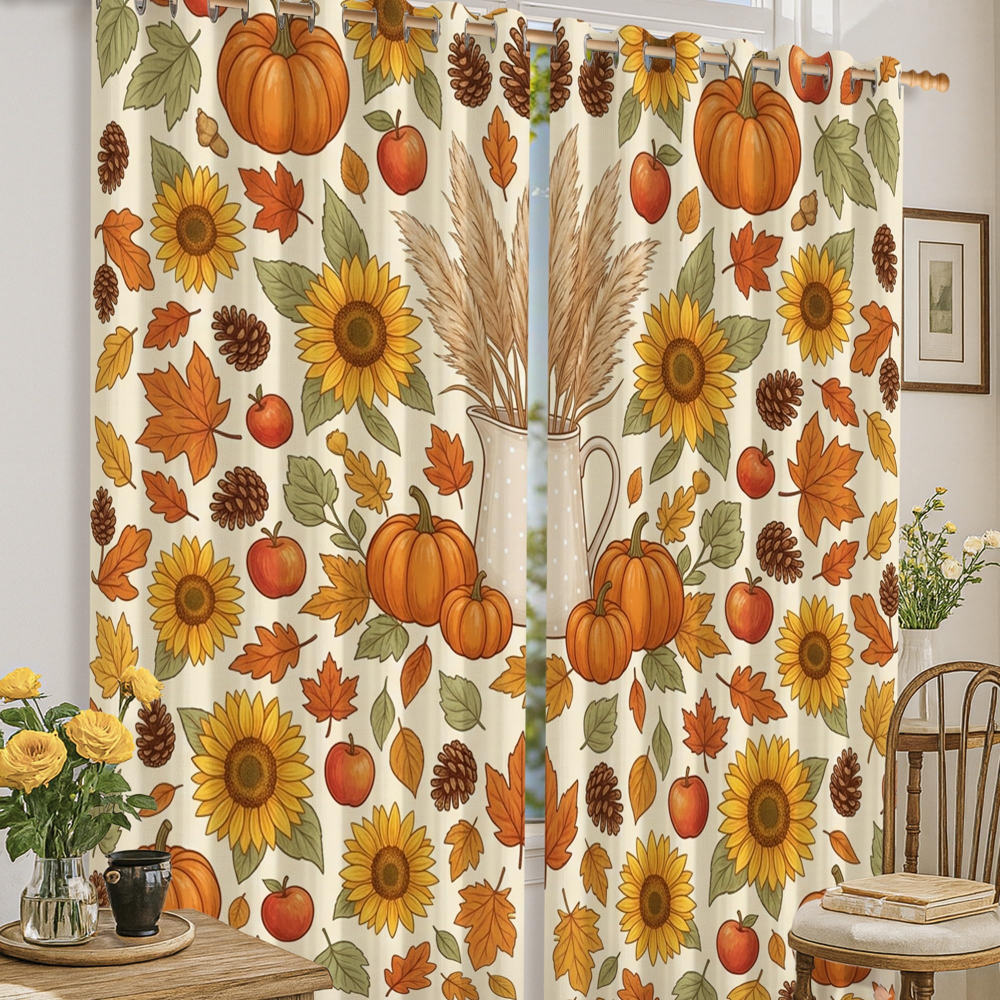 Rideaux occultants et thermiques orange à motifs de citrouilles pour cuisine