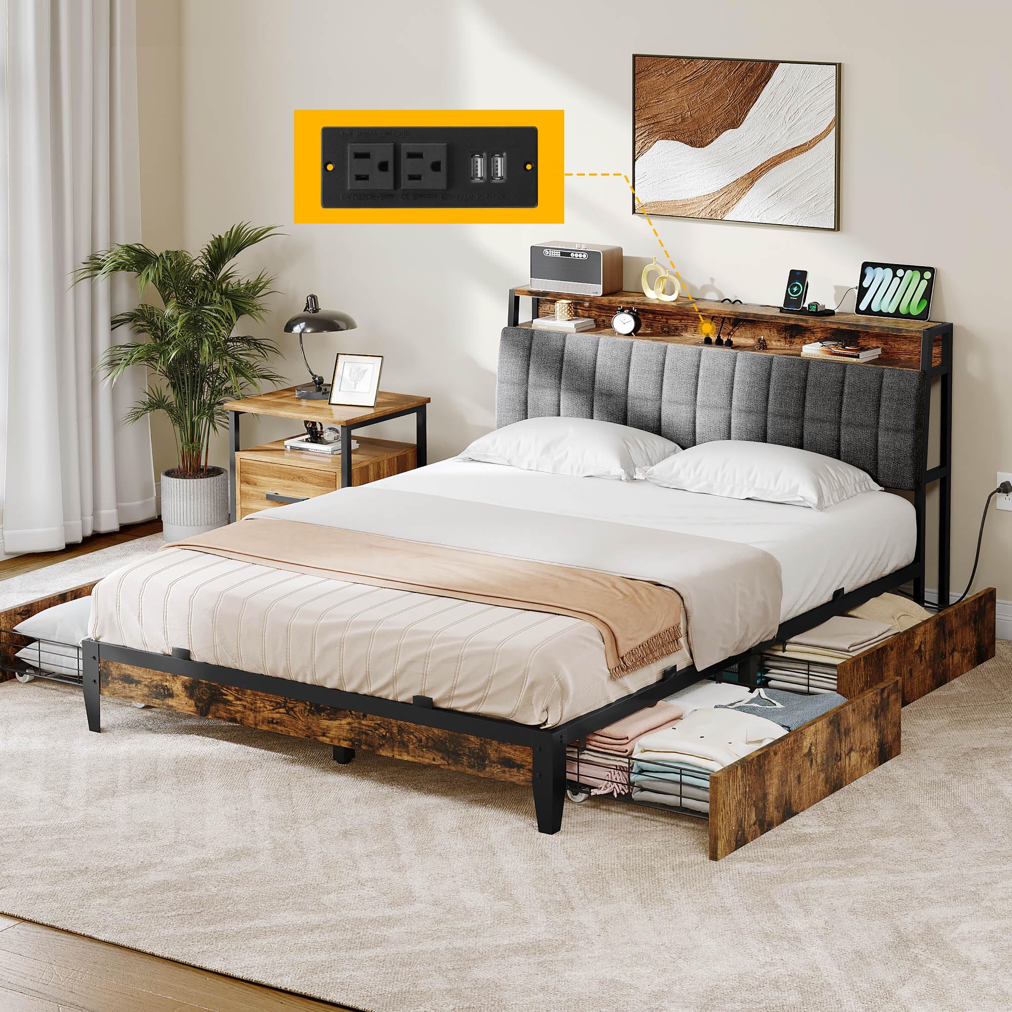 DWVO Queen Bed Frame with 4 Drawers/Charging Station, Upholstered Linen Storage Headboard, Metal Bed Frame Strong Slats Support, No Box Spring Needed, 45 Minutes Fast Assembly, Rustic Brown