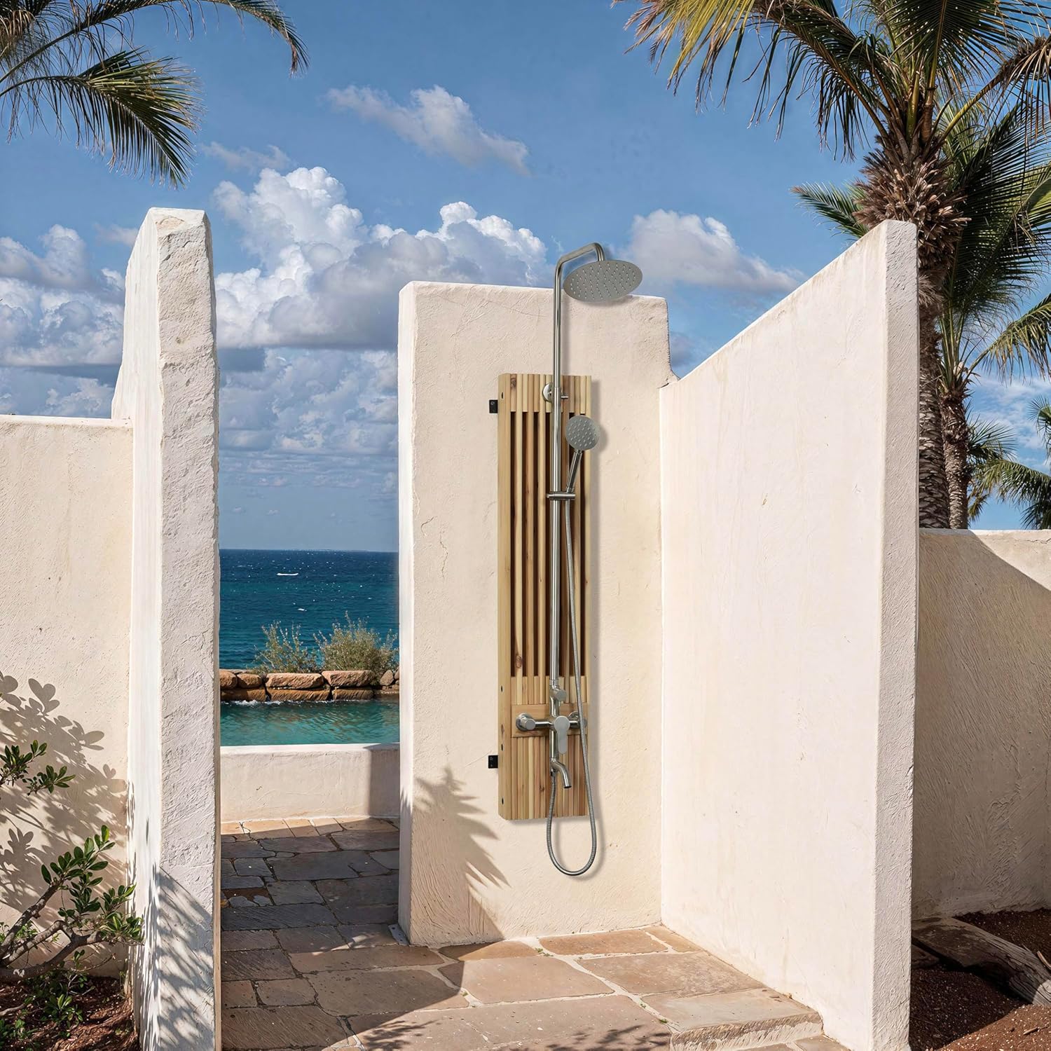 ALEKO Torrent Wall-Mounted Outdoor Shower – Western Red Cedar with Matte Black Stainless-Steel Fixture – Fully Assembled – Garden Hose or Hot/Cold Plumbing – 3 Water Outputs