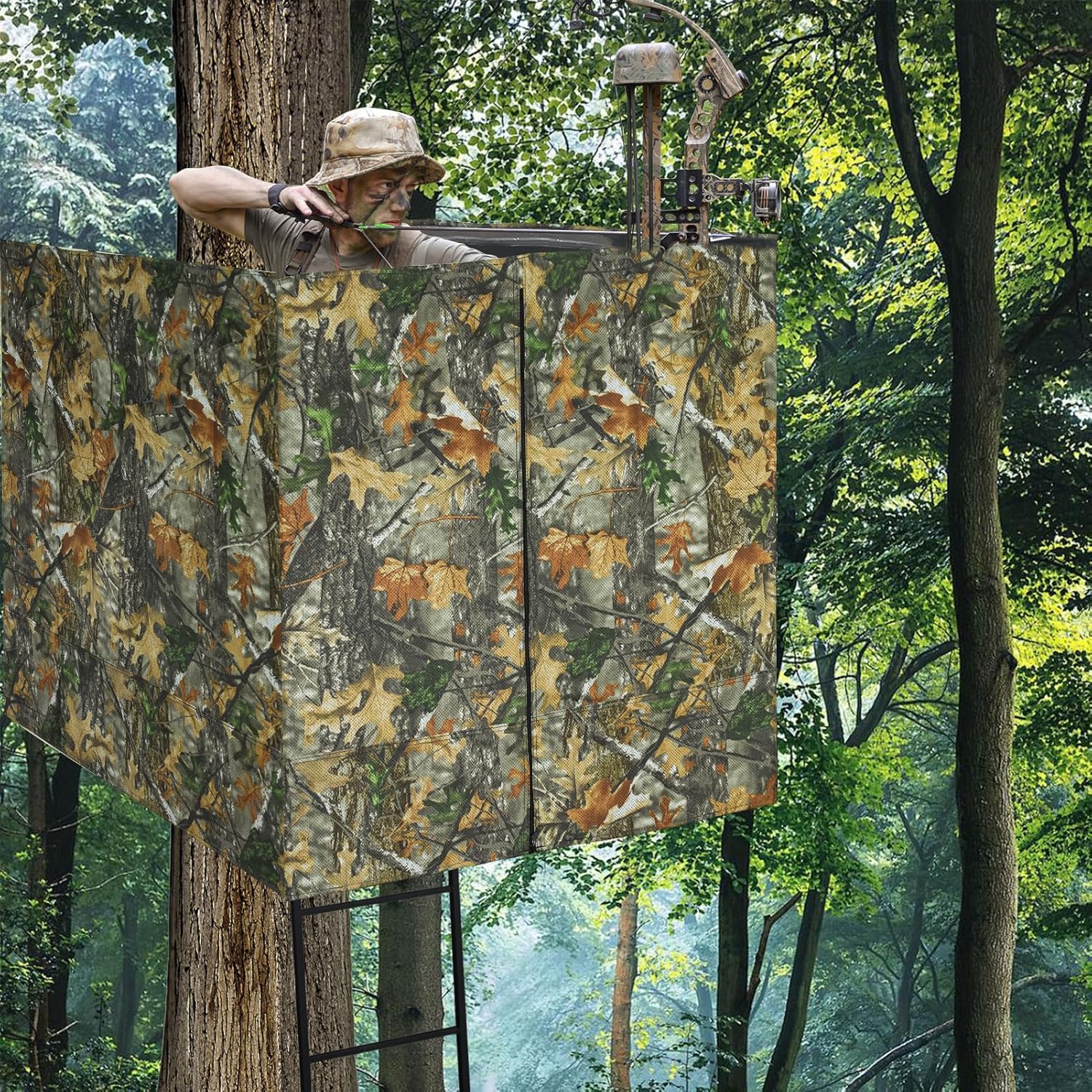 Hunting Tree Stand Blind, Ladder Stand Blind Kit for 2 Man Camo Treestand Blinds Cover with Zipper Storage Pocket Tree Stand Blind Accessories for Hunting Deer, 102×36 Inch, Choose See Through or Not - Image 6
