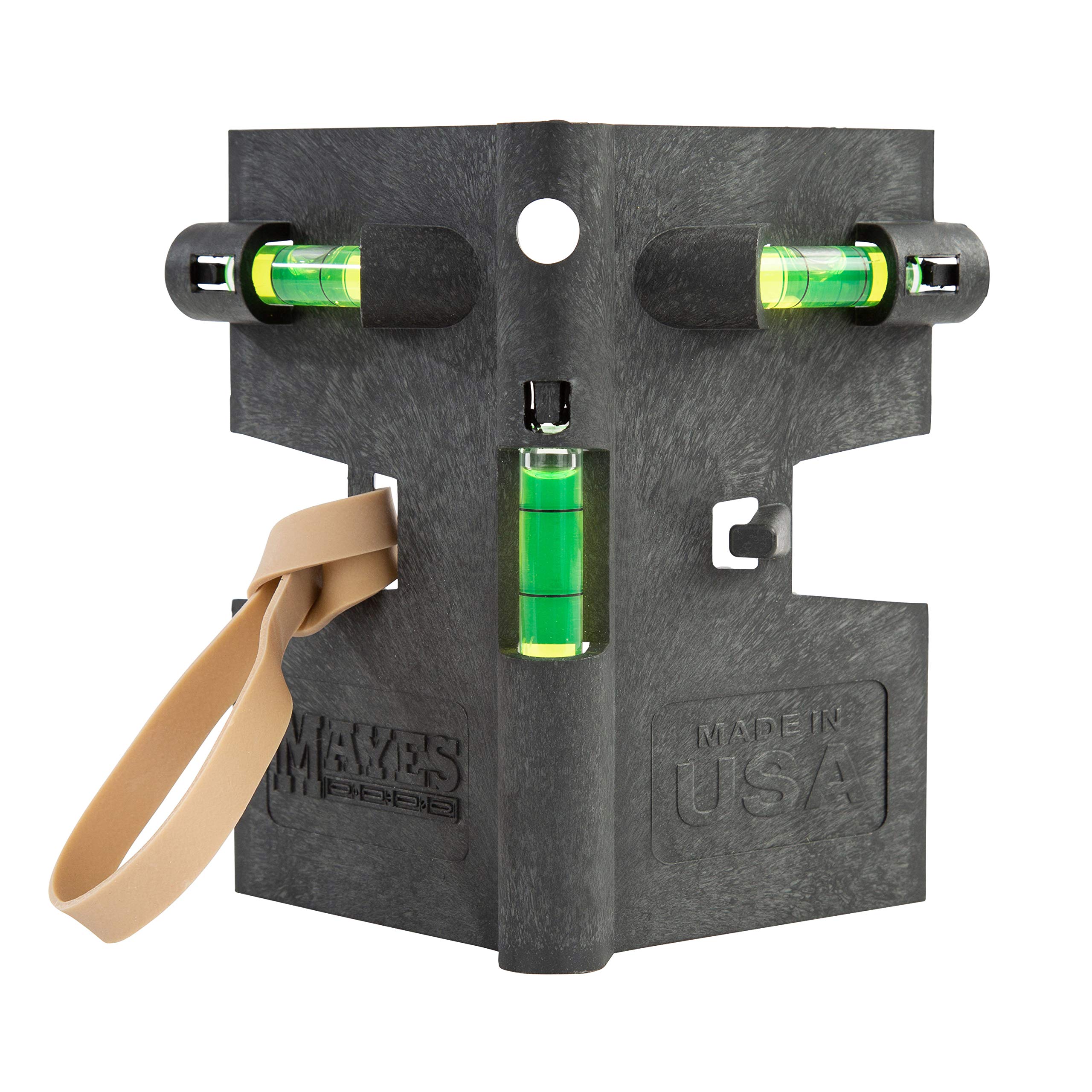 Mayes 11061 Magnetic Post Level, Made in USA for Plumbing Fence Posts and Leveling Deck Rails, 3 Vials, Magnetic Strips, Elastic Strap, 5 Inch, Polymer Construction