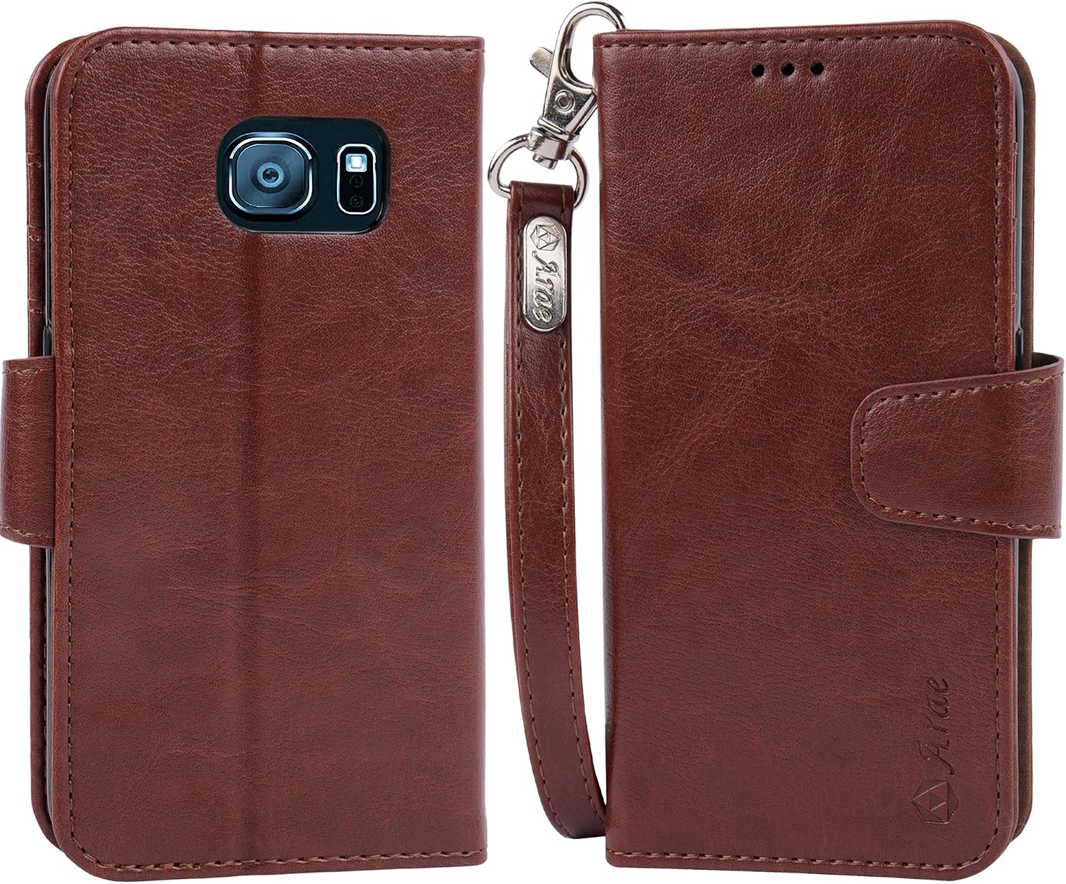 Galaxy S6 Case, Arae Samsung Galaxy S6 Wallet case,[Wrist Strap] Flip Folio [Kickstand Feature] PU Leather Wallet case with ID&Credit Card Pockets for Samsung Galaxy S6 (Brown)