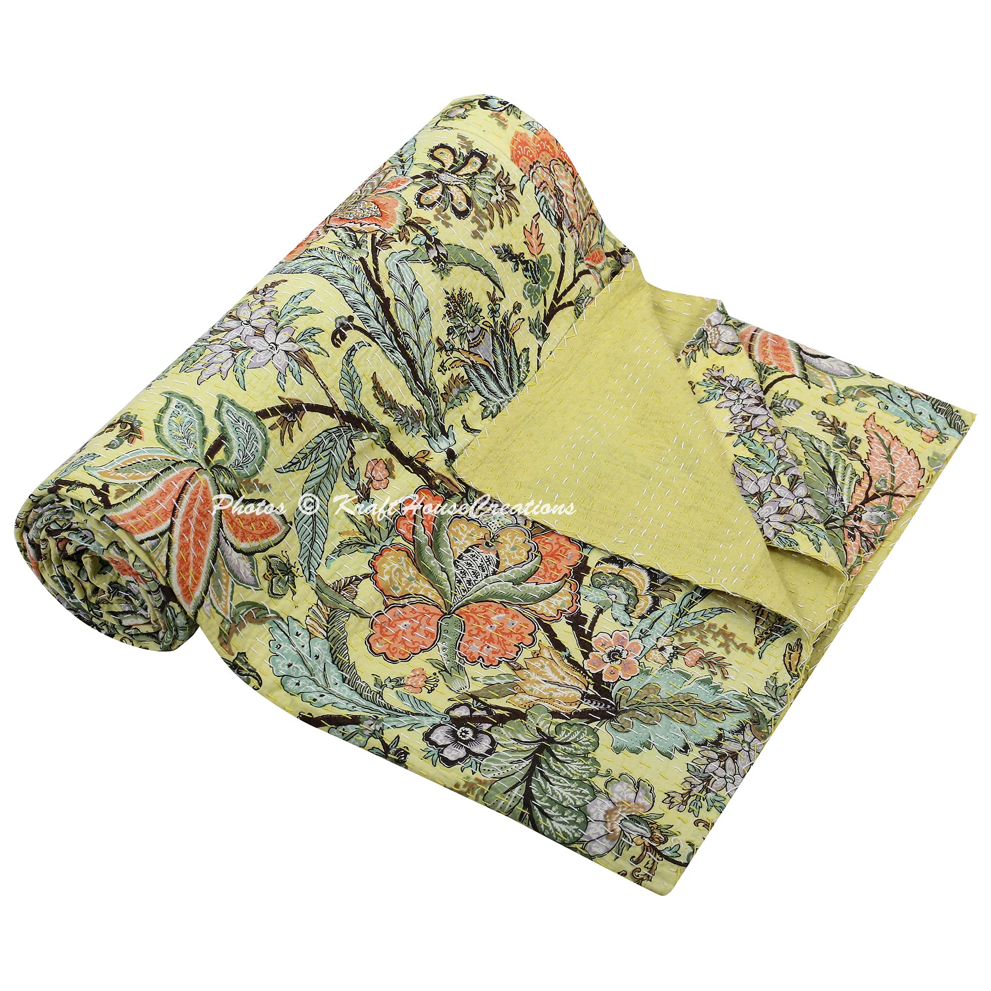 Couvre-lit Kantha jaune en coton pour illuminer votre chambre en été