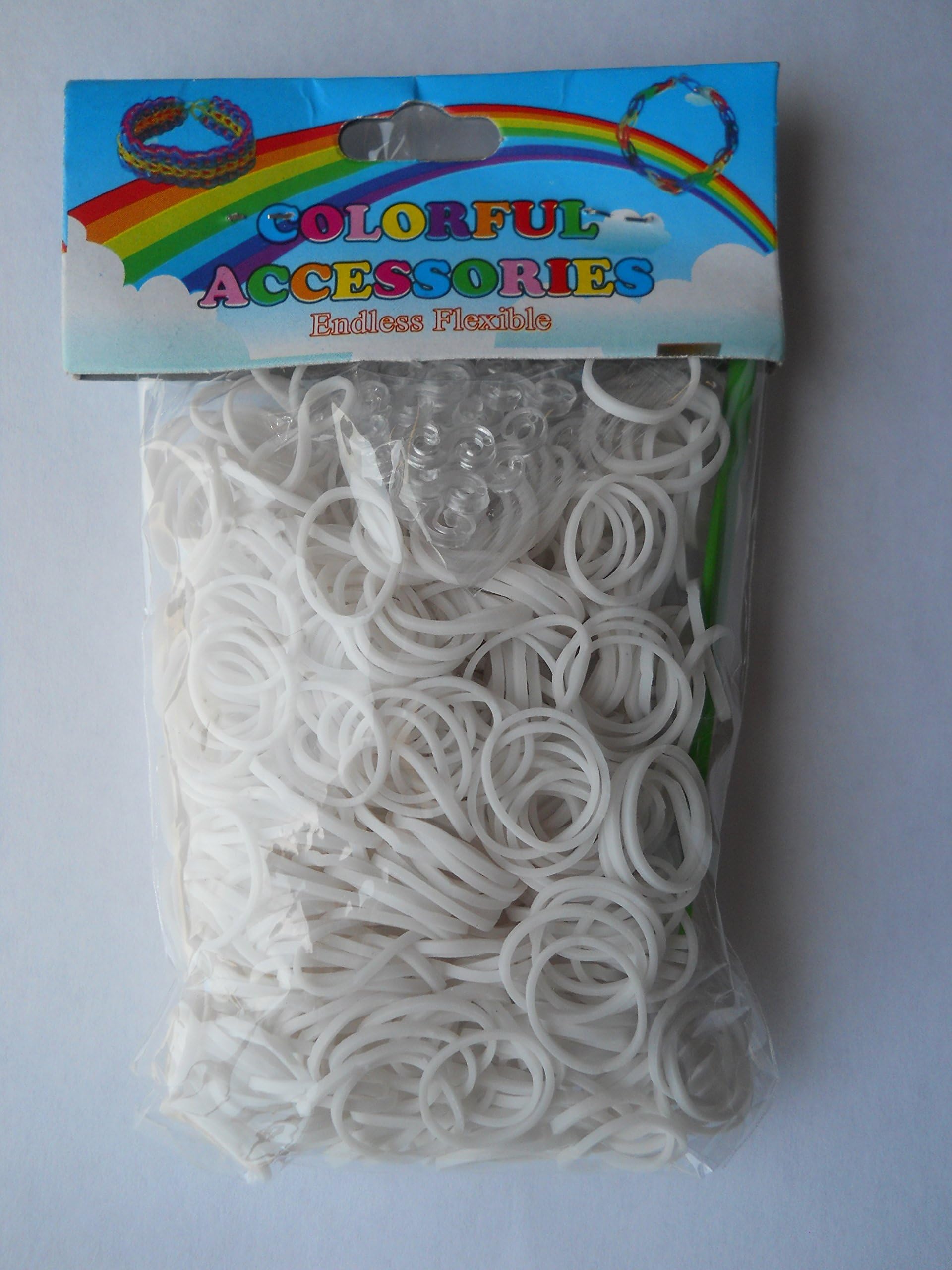 Colorful Rubber Band Accessories Looms S Clip 600 Piece Rubberband Refill with Synthetic Plastic Crochet Hook (White)