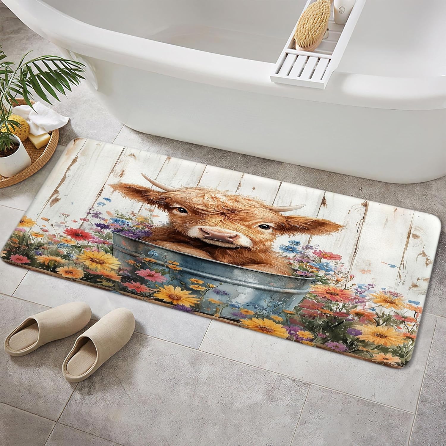 4 Piece Farmhouse Rustic Floral Funny Highland Cow Style Shower Curtain Sets, Western Cute Calf Country Farm Animal with Non-Slip Rugs, Toilet Lid Cover and Bath Mat, Shower Curtain with 12 Hooks