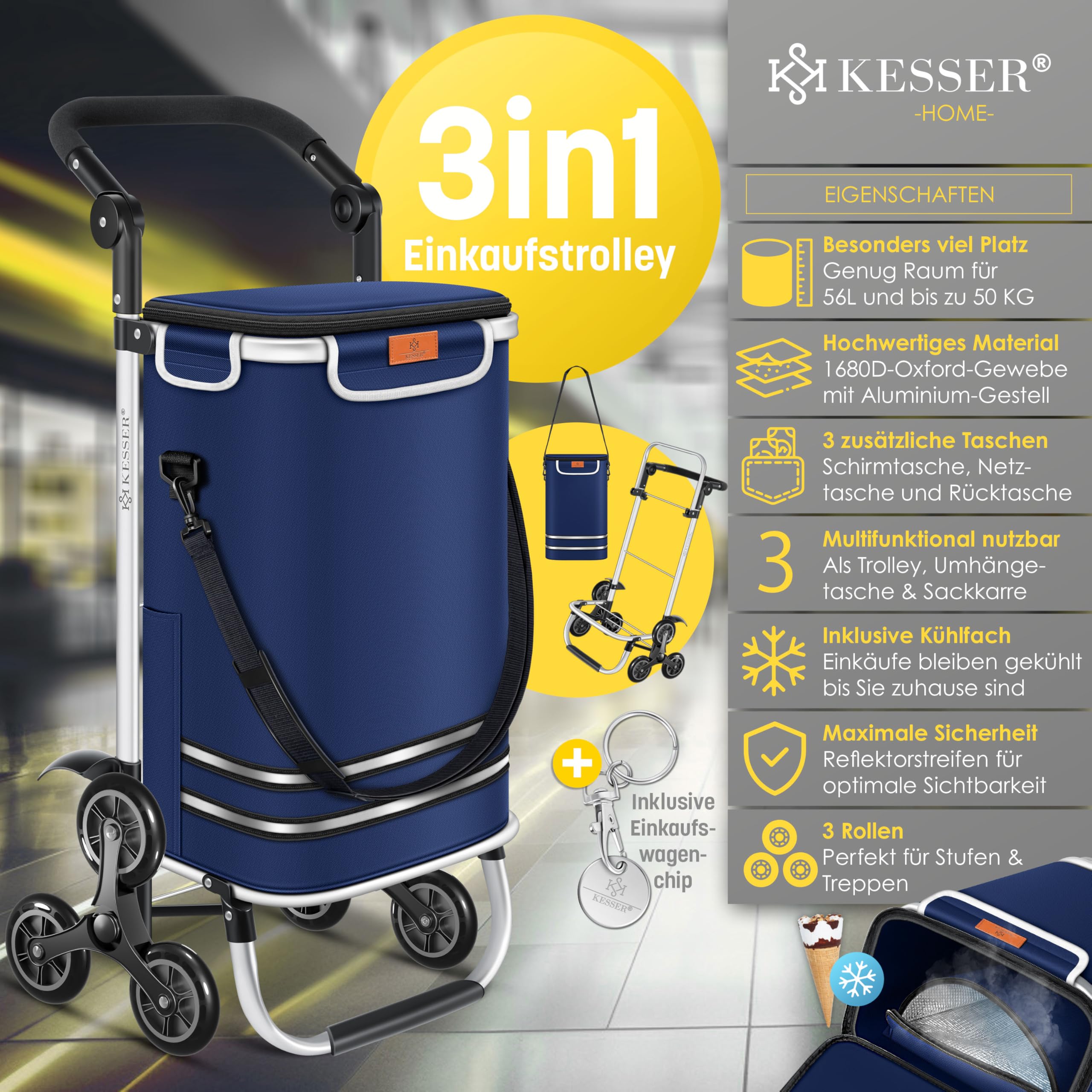 KESSER® Carrello spesa - Montascale con scomparto refrigerante, con Capacità di 56L, Caricabile fino a 50kg, Trolley e borsa a Tracolla 3in1, incl. Chip per la spesa, Pieghevole, Blu marino
