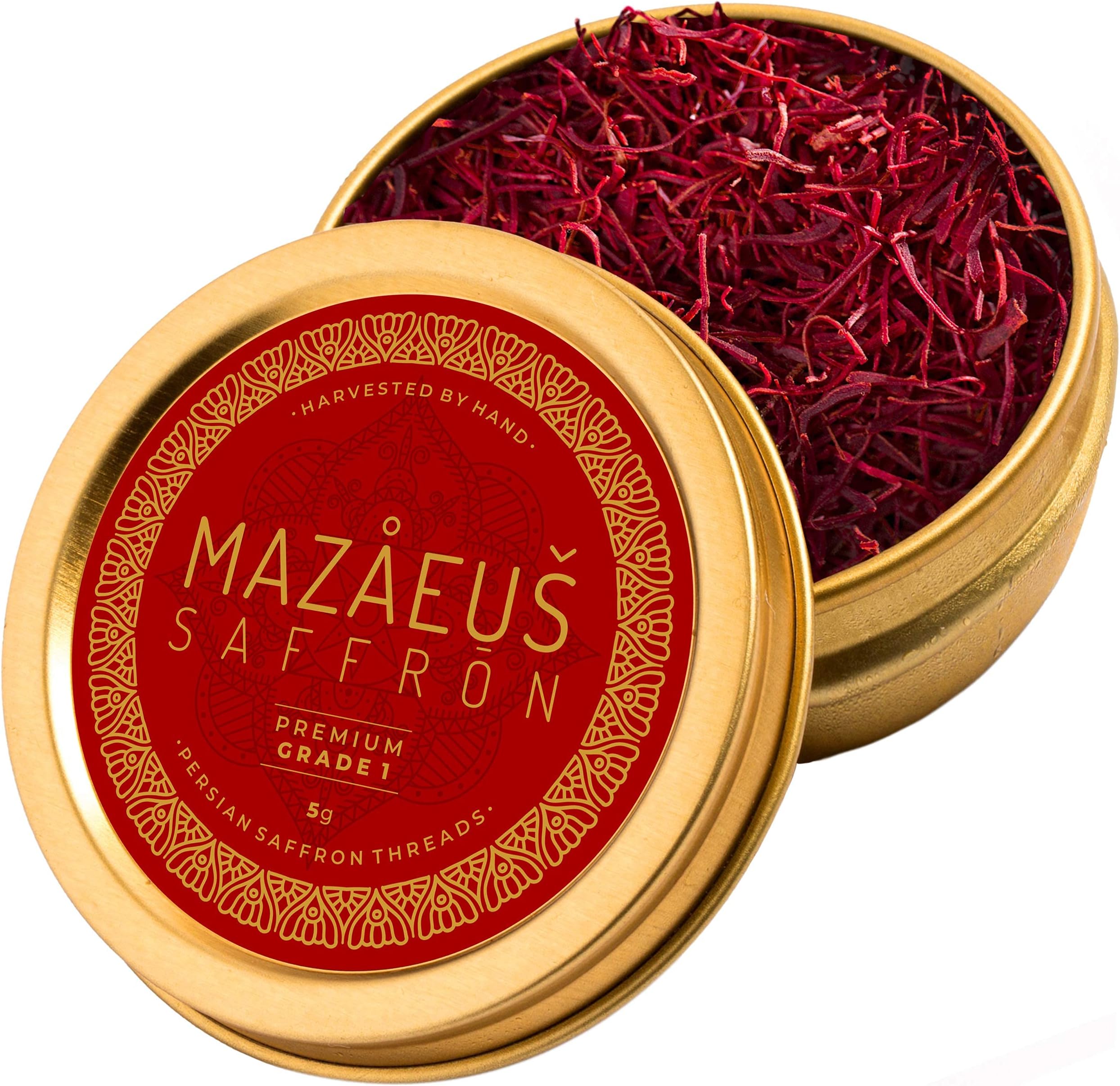 Mazaeus Saffron Premium Pure Saffron Threads for Cooking – [Grade-1] Natural All-Red Persian Saffron Spice for Paella, Tea, Golden Milk, Rice, Desserts – 5 Grams