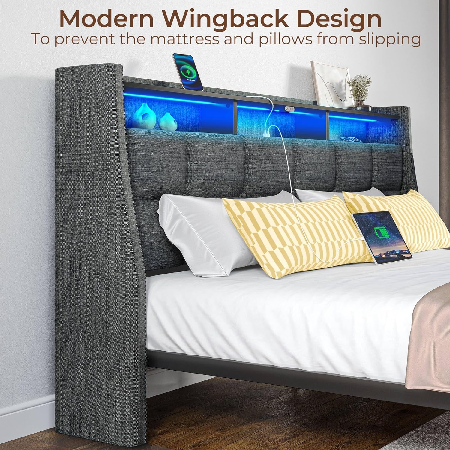 Rolanstar Queen Size Bed Frame with LED Lights and Charging Station, Upholstered Headboard with 2-Tier Storage Shelves, Heavy Duty Metal Frame, Noise-Free Support, Easy Assembly, No Box Spring Needed