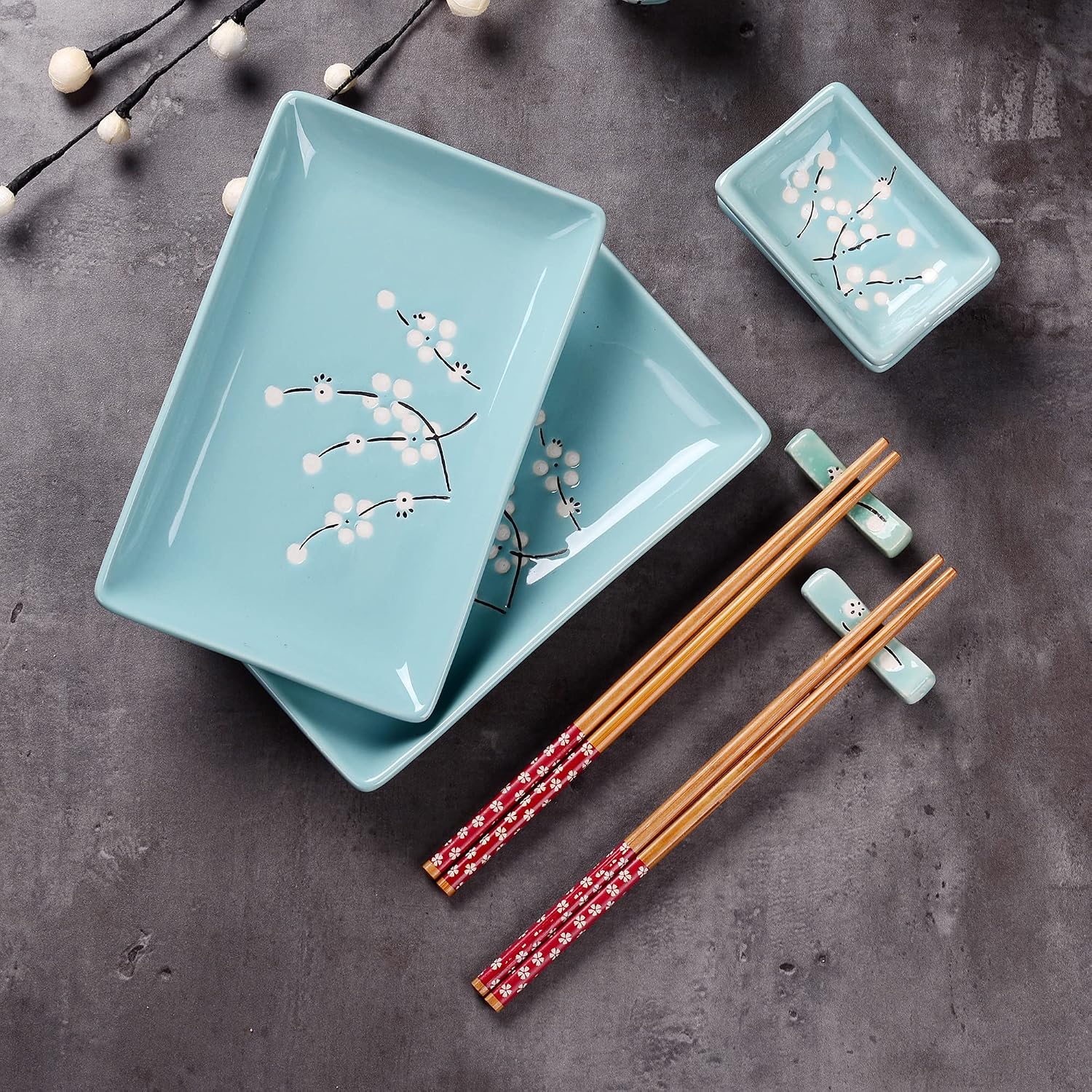 Japanese Style Blue Porcelain Sushi Plate Set with 2XSushi Plates Dip Dishes Stick Stands Bamboo Chopsticks Gift Package