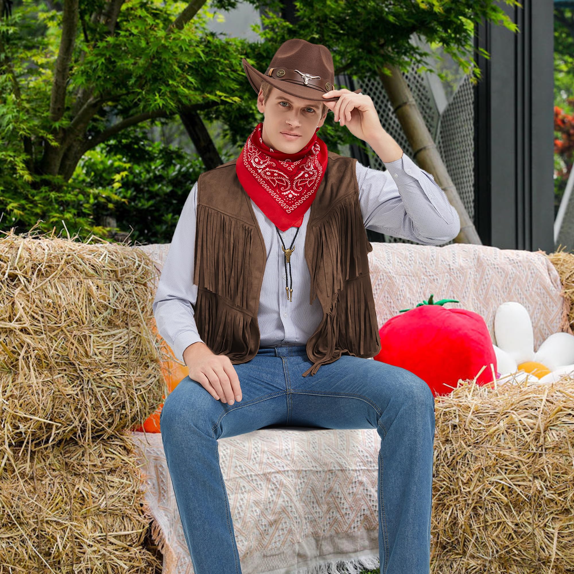 Kostium kowbojski dla mężczyzn cosplay kamizelka z frędzlami kapelusz bandana naszyjnik vintage karnawał hippie kostium dla dorosłych