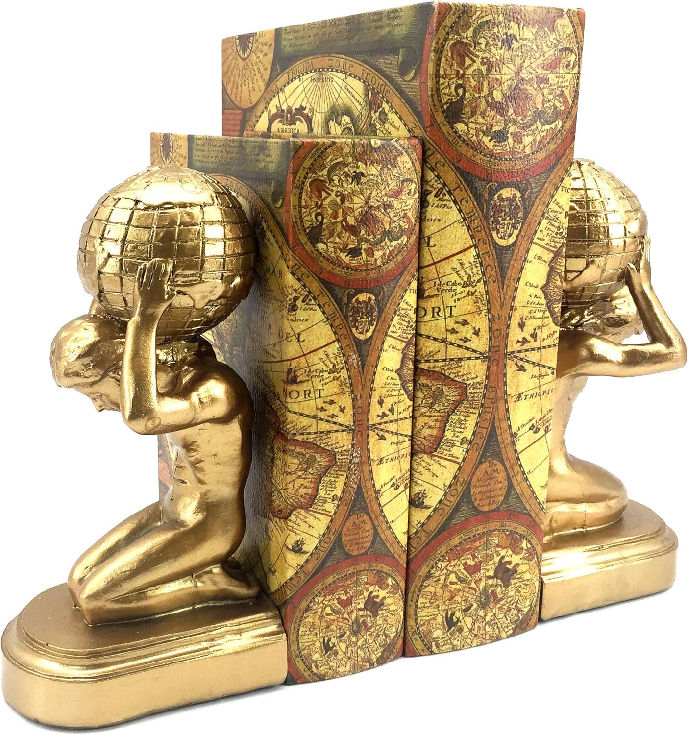 Bellaa 22968 Decorative Bookends Atlas Globe Greek Statues European Art Book Ends Stopper 7 inch Golden