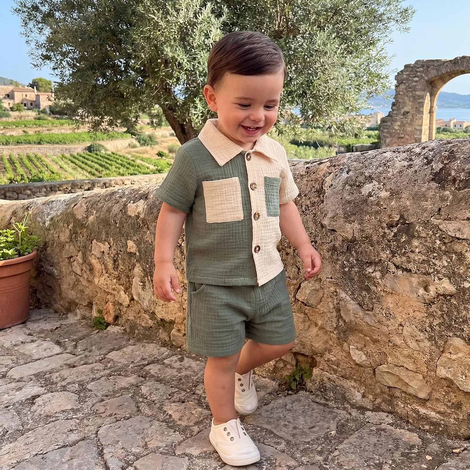 Baby Boys Summer Outfit Color Blocking Button Down Shirts + Shorts Cotton Gauze 2PCS Toddler Clothes Set with Pockets