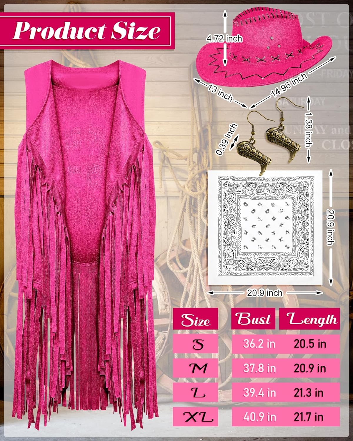 Xtinmee 4 Pcs Western Cowgirl Cowboy Outfits Set Women Tassel Vest Hat Dangle Drop Earring Paisley Bandana Dress up - Image 2