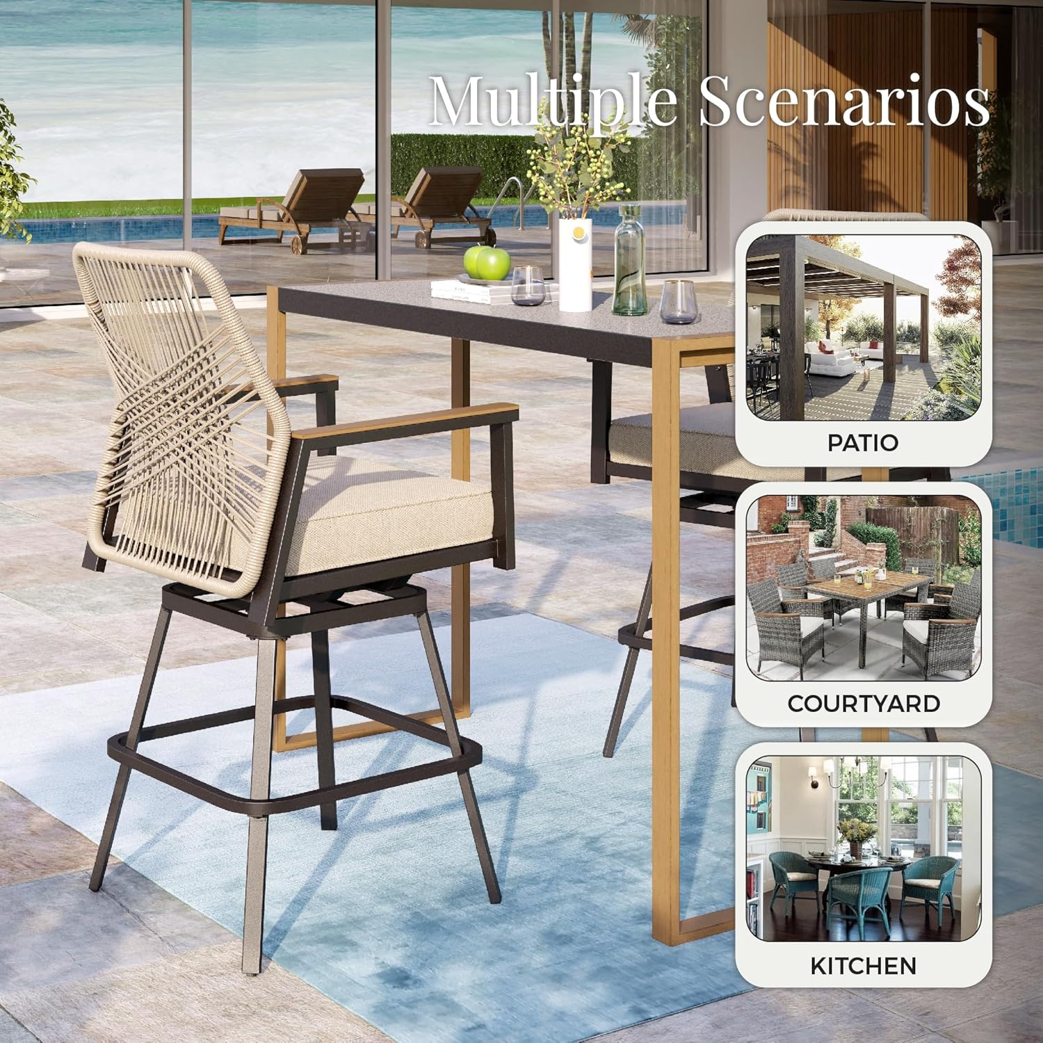 Outdoor Bar Stools Set of 4, 360°Wicker Swivel Bar Stool with Armrest, All Weather Bar Height BarStools with 3.2" Cushion for Patio, Poolside, Kitchen, Beige