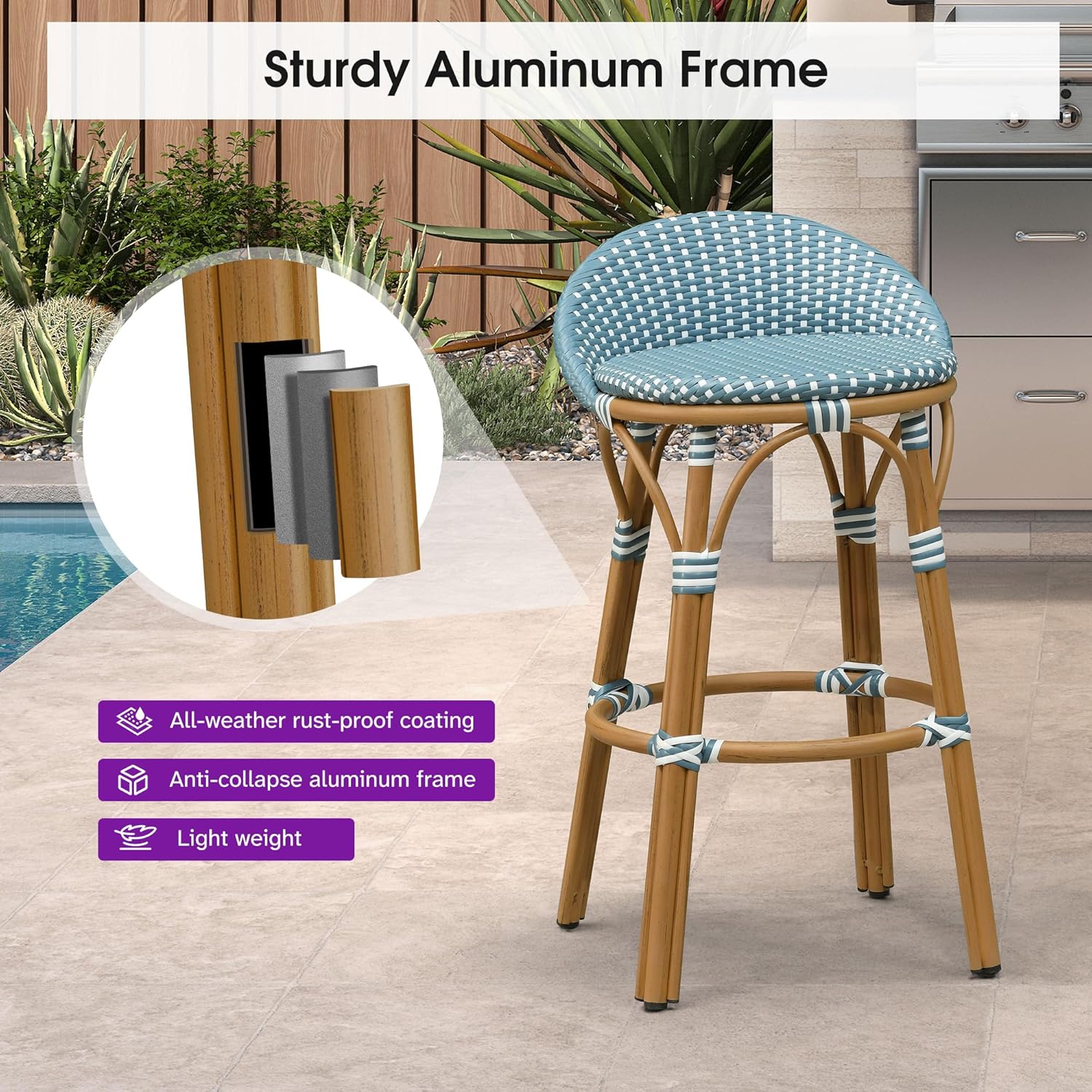 PURPLE LEAF Patio Oversized Backrest Bar Height Stool Set of 1 Outdoor Round Barstools Aluminum Frame in Bamboo Finish Woven Rattan for Indoor Kitchen Dining Bistros Cafe Restaurant Light Blue