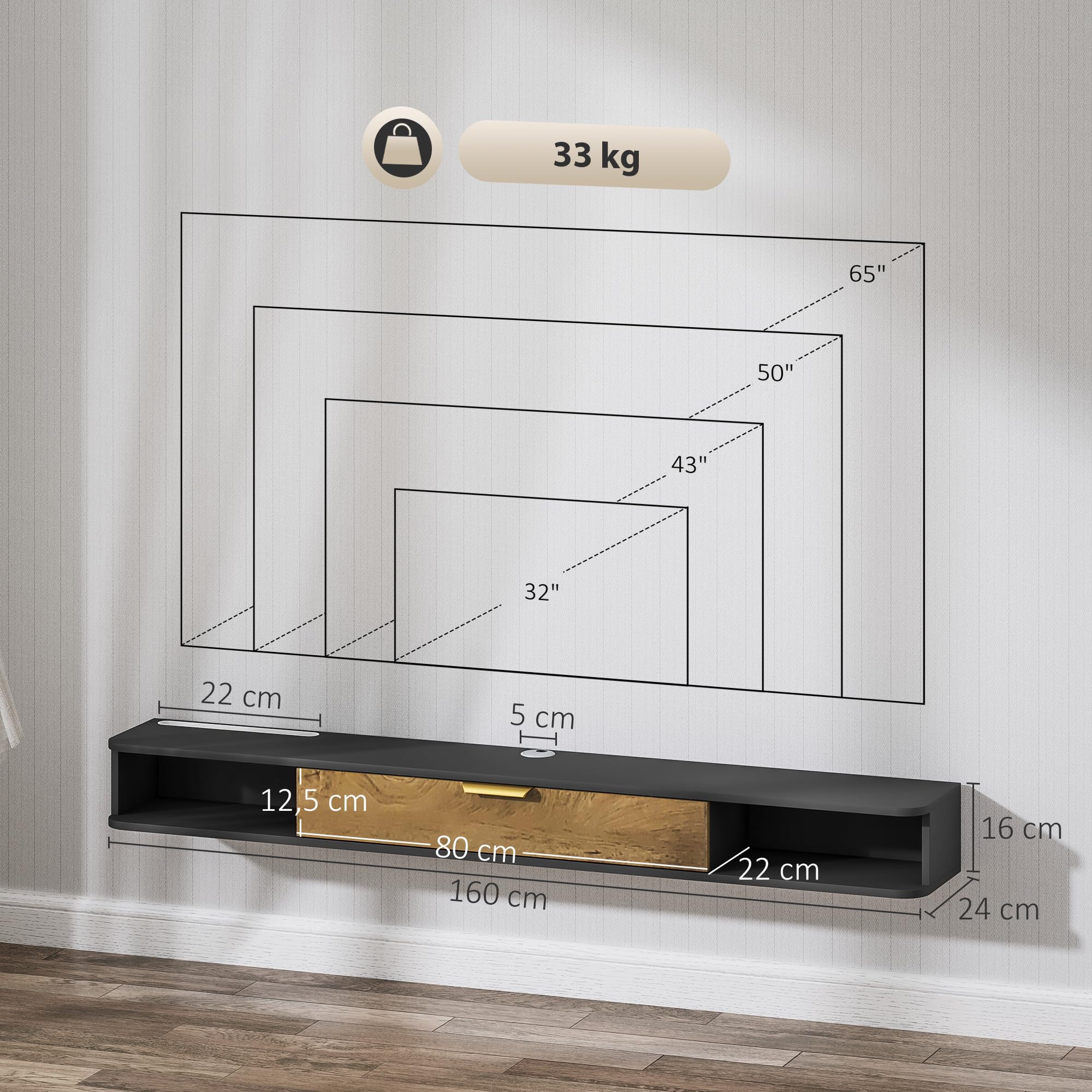 HOMCOM Soporte TV de Pared con Puerta abatible, 160x24x16cm, Gris | Soporte TV de madera, Banco TV de pared, compartimentos abiertos, gestión de cables, para salón dormitorio