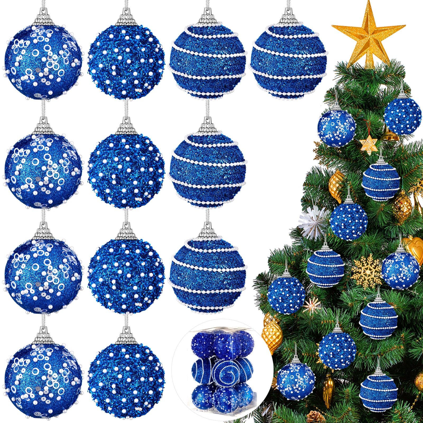 Poen Juego de 12 adornos de bola de Navidad de 2.76 pulgadas, decoración de árbol de Navidad de espuma perlada con purpurina para decoración de árbol de Navidad para boda, fiesta, mesa, corona,